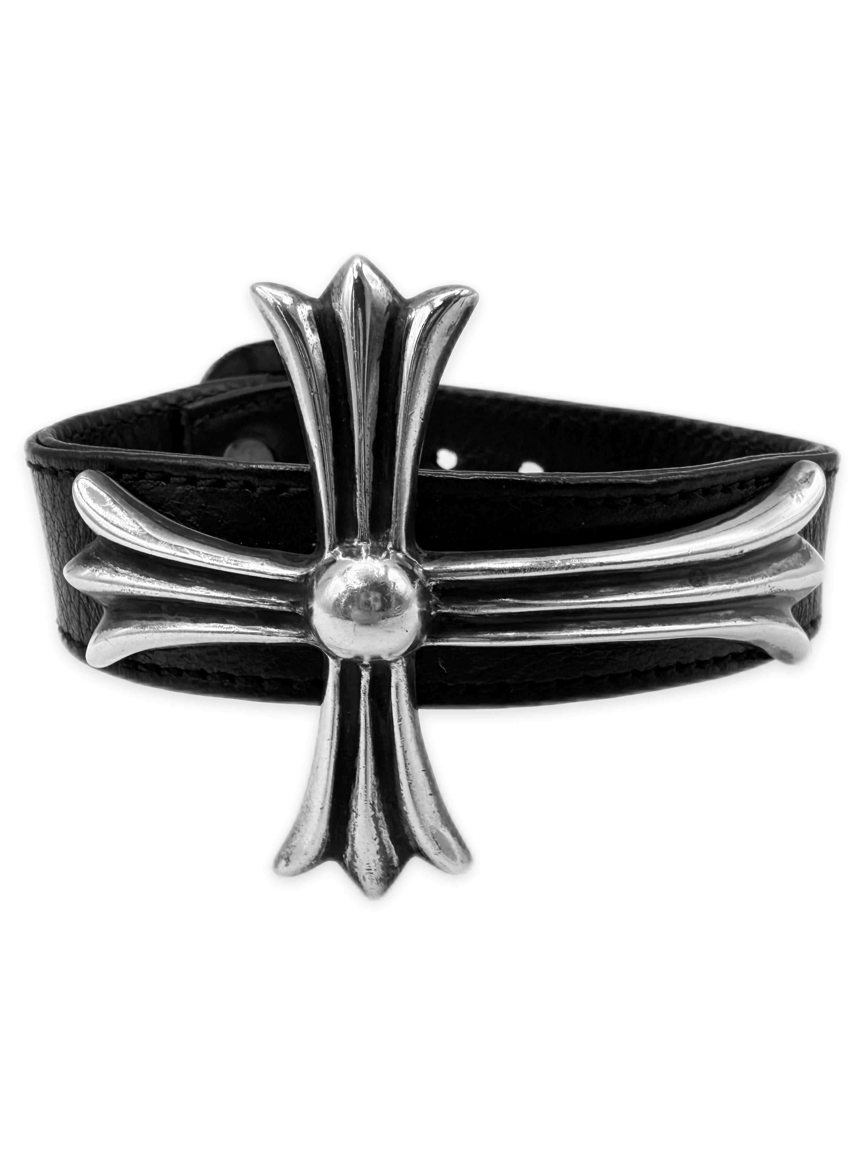 Chrome Hearts XL Cross Gunslinger .925 Silver Leather Bracelet