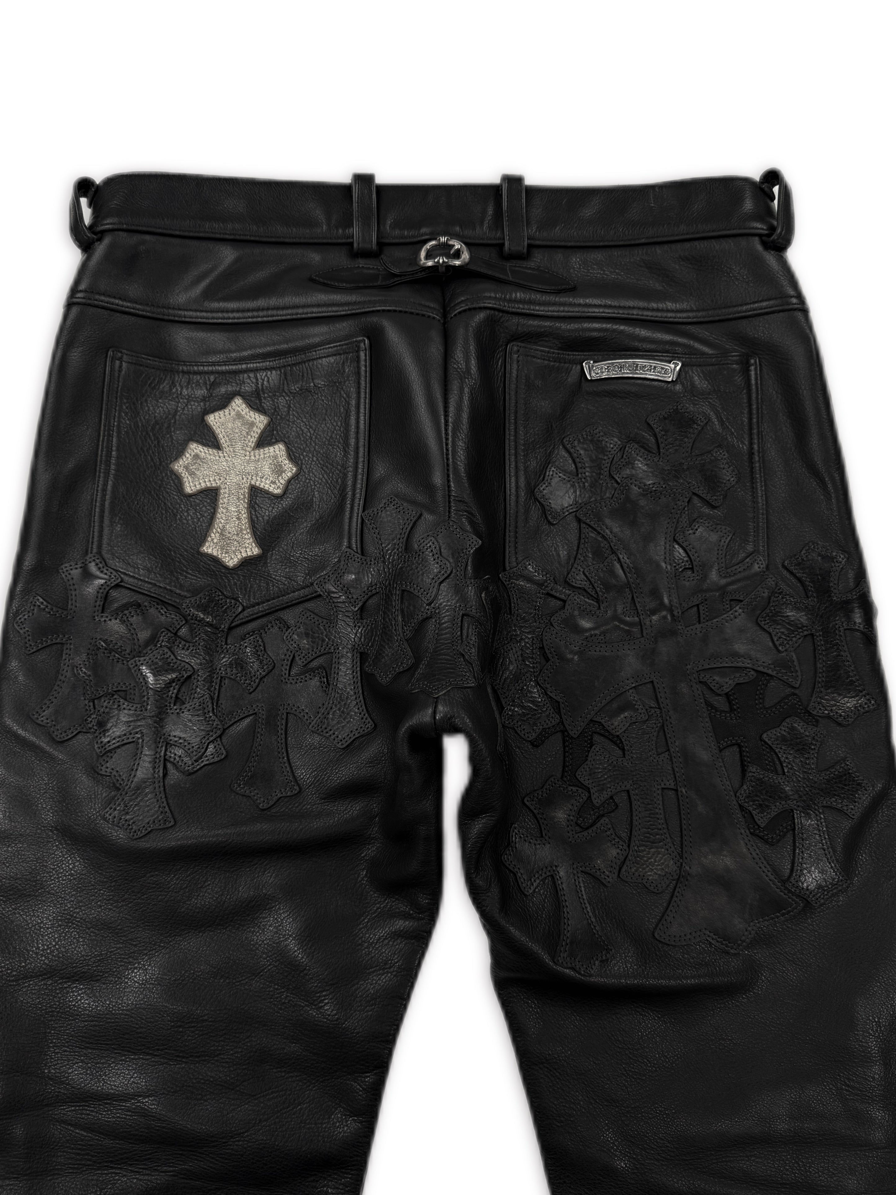 Chrome Hearts 30 Cross Patch Gunslinger Back Buckle Fleur Knee Leather Pants