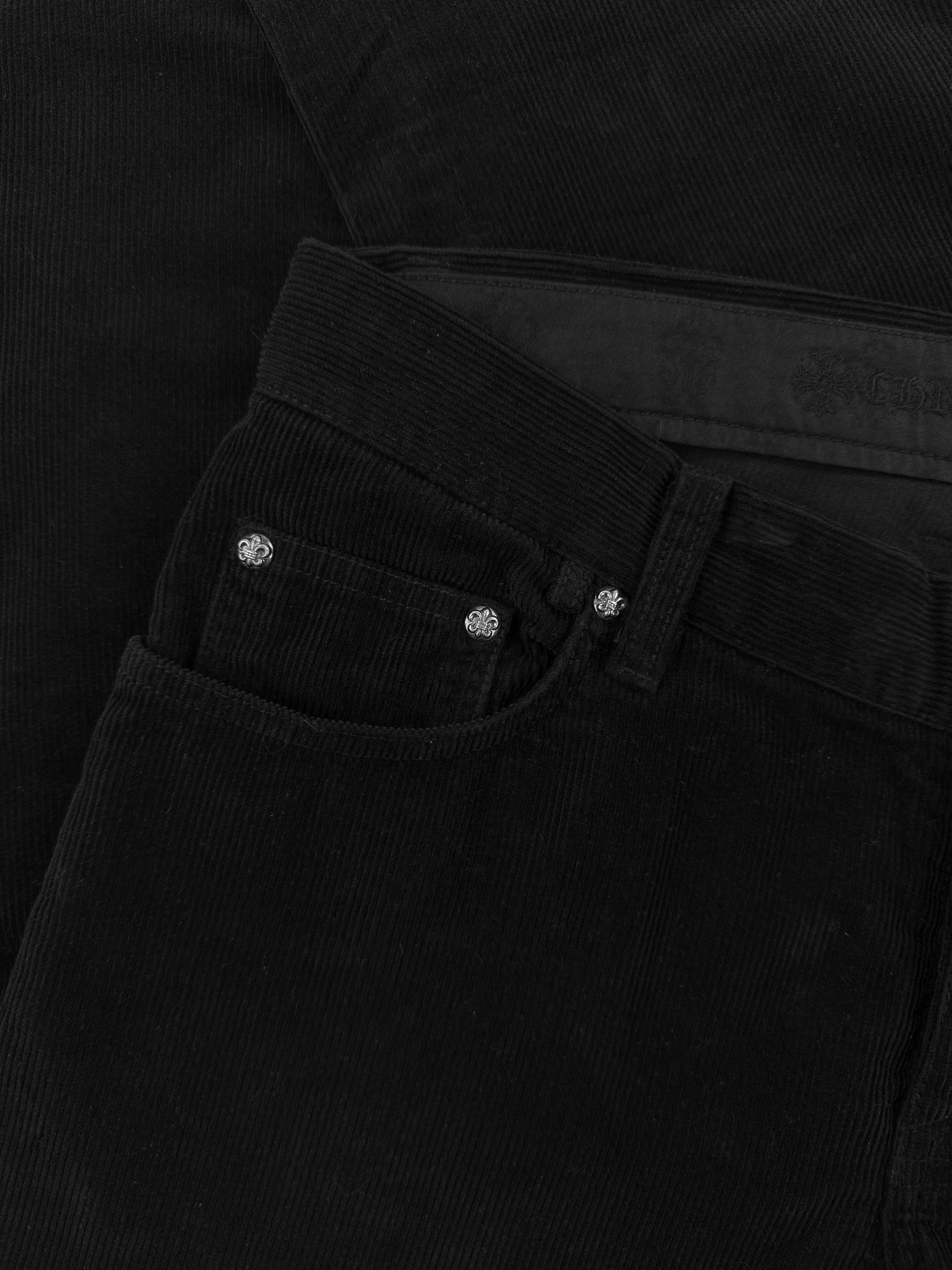 Chrome Hearts Flared Leather Pocket Corduroy Fleur Rivet Black Pants