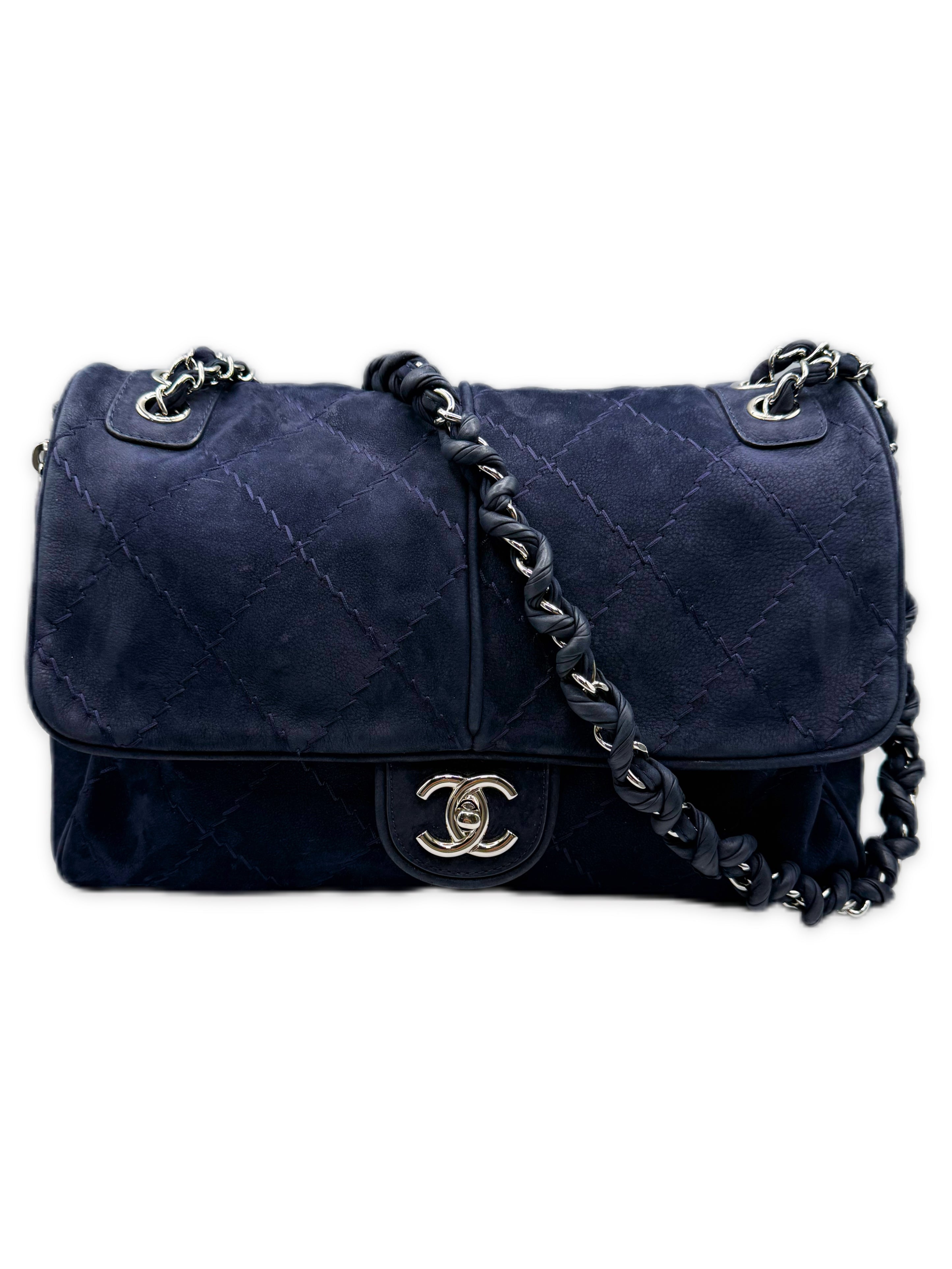 Chanel Nubuck Leather CC Navy Blue Large Flap Bag