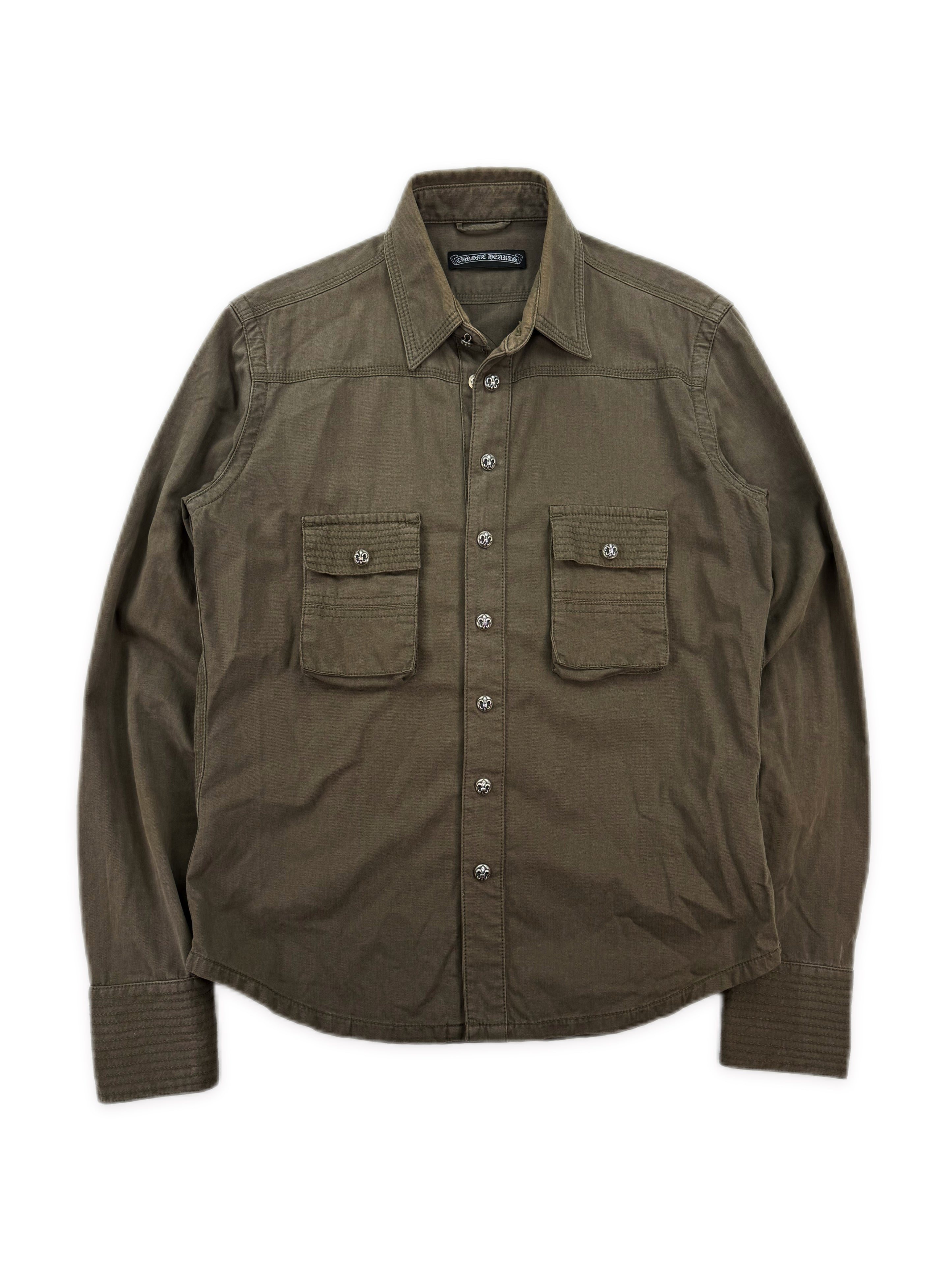 Chrome Hearts BS Fleur Leather Patch Olive Green Work Shirt