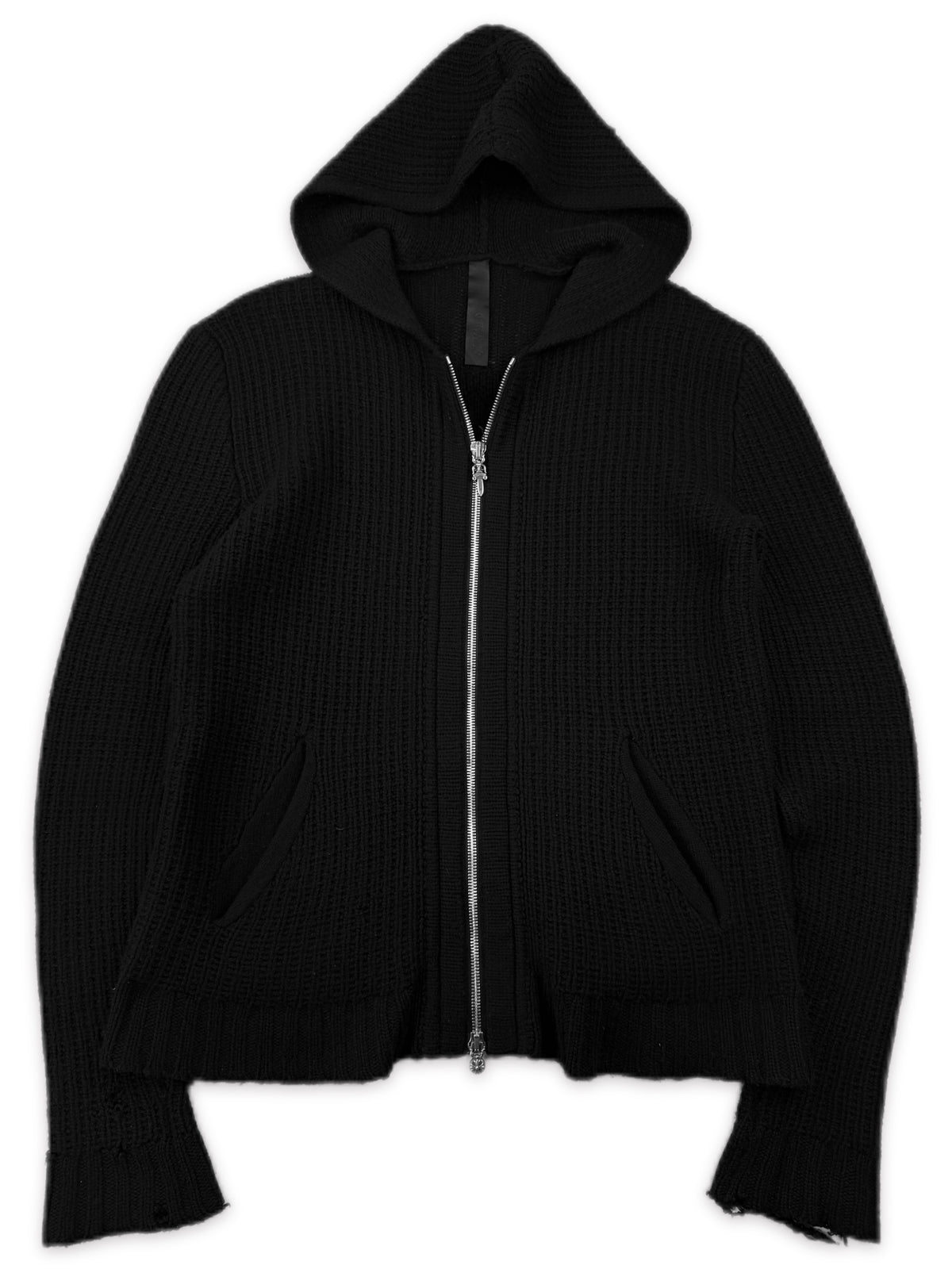 Chrome Hearts XL Leather Cross Patch Cashmere Knit Black Zip Up Hoodie