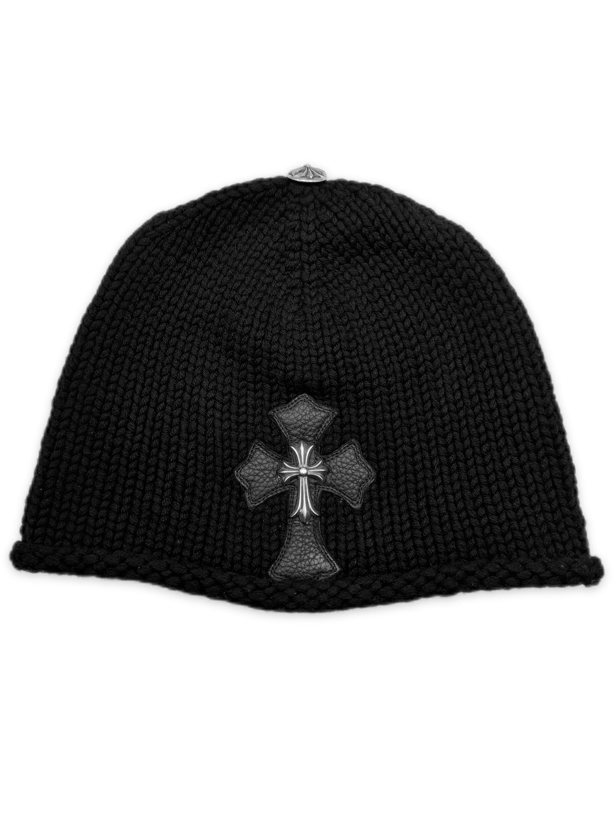 Chrome Hearts Silver Pendant Leather Cross Patch Knit Beanie