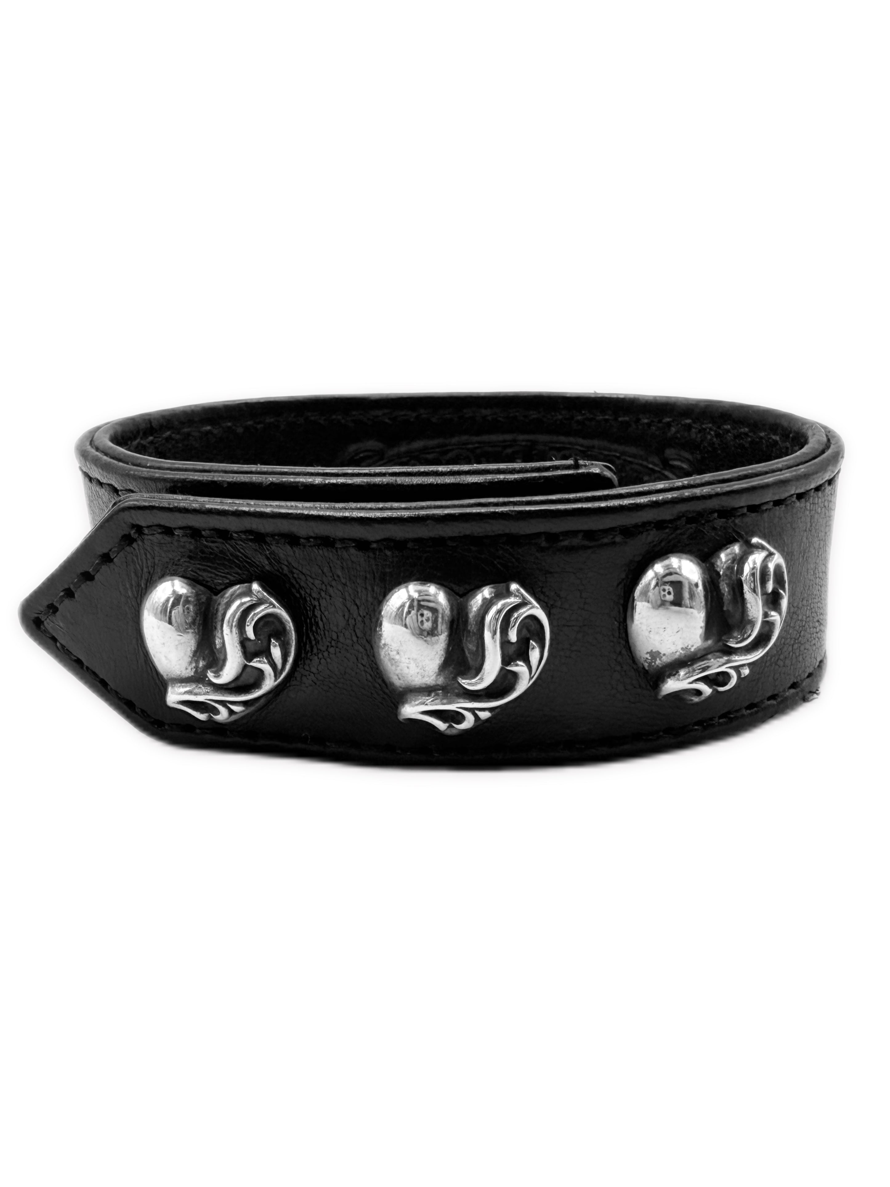 Chrome Hearts ‘Heart’ Motif Black Leather Snap Bracelet