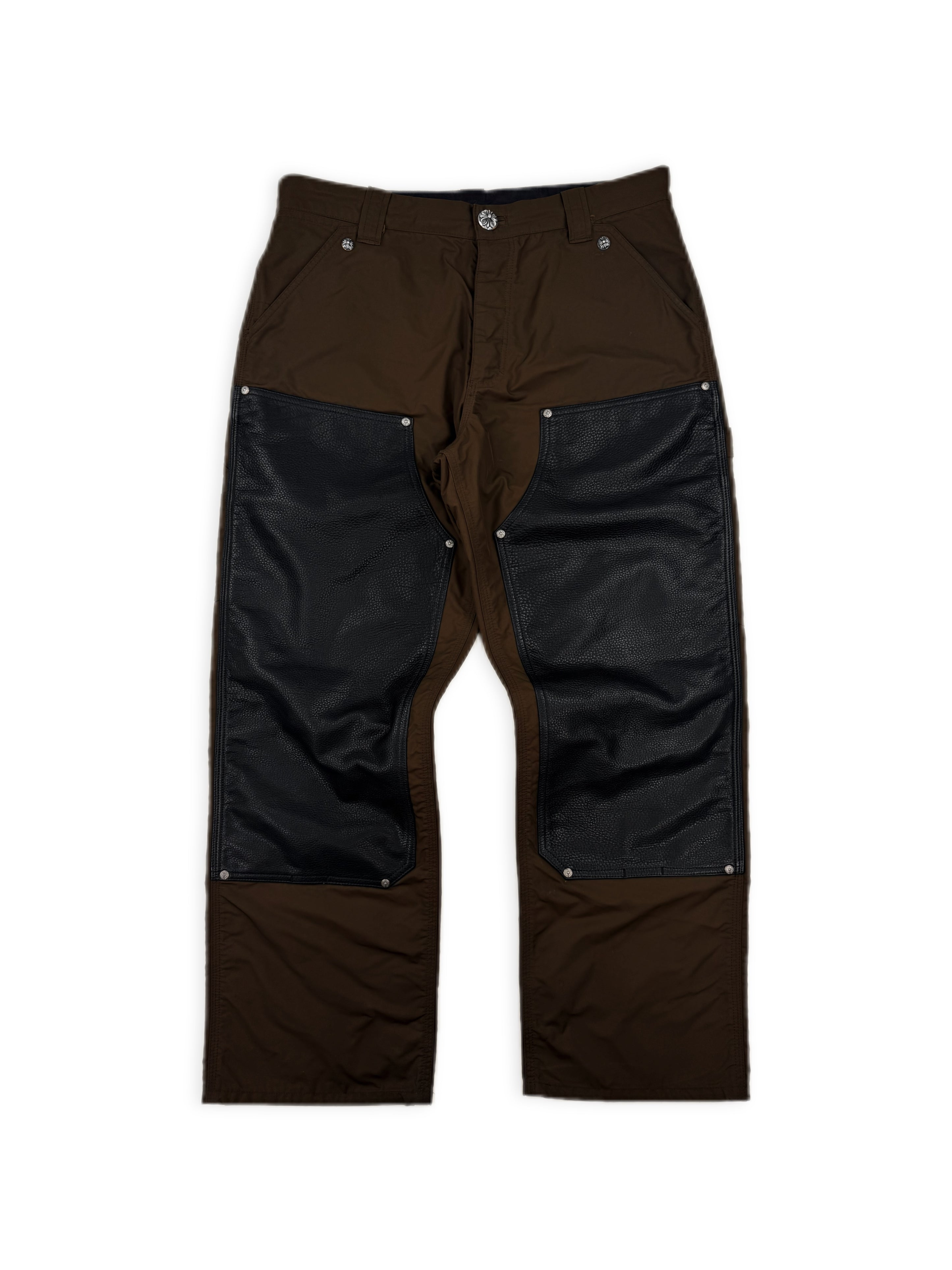 Chrome Hearts Pink Cross Patch Leather Brown Double Knee Carpenter Pants