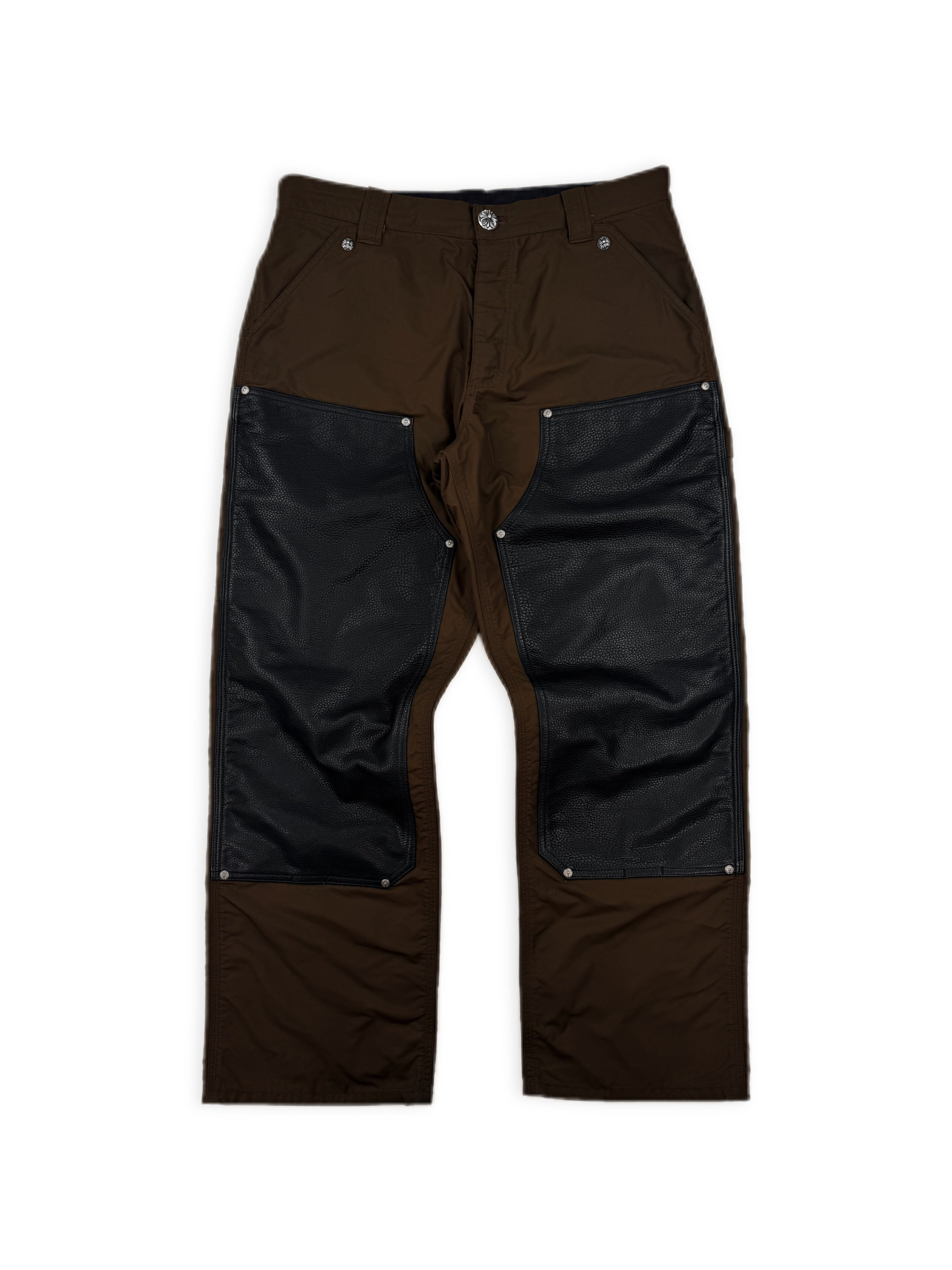Chrome Hearts Pink Cross Patch Leather Brown Double Knee Carpenter Pants
