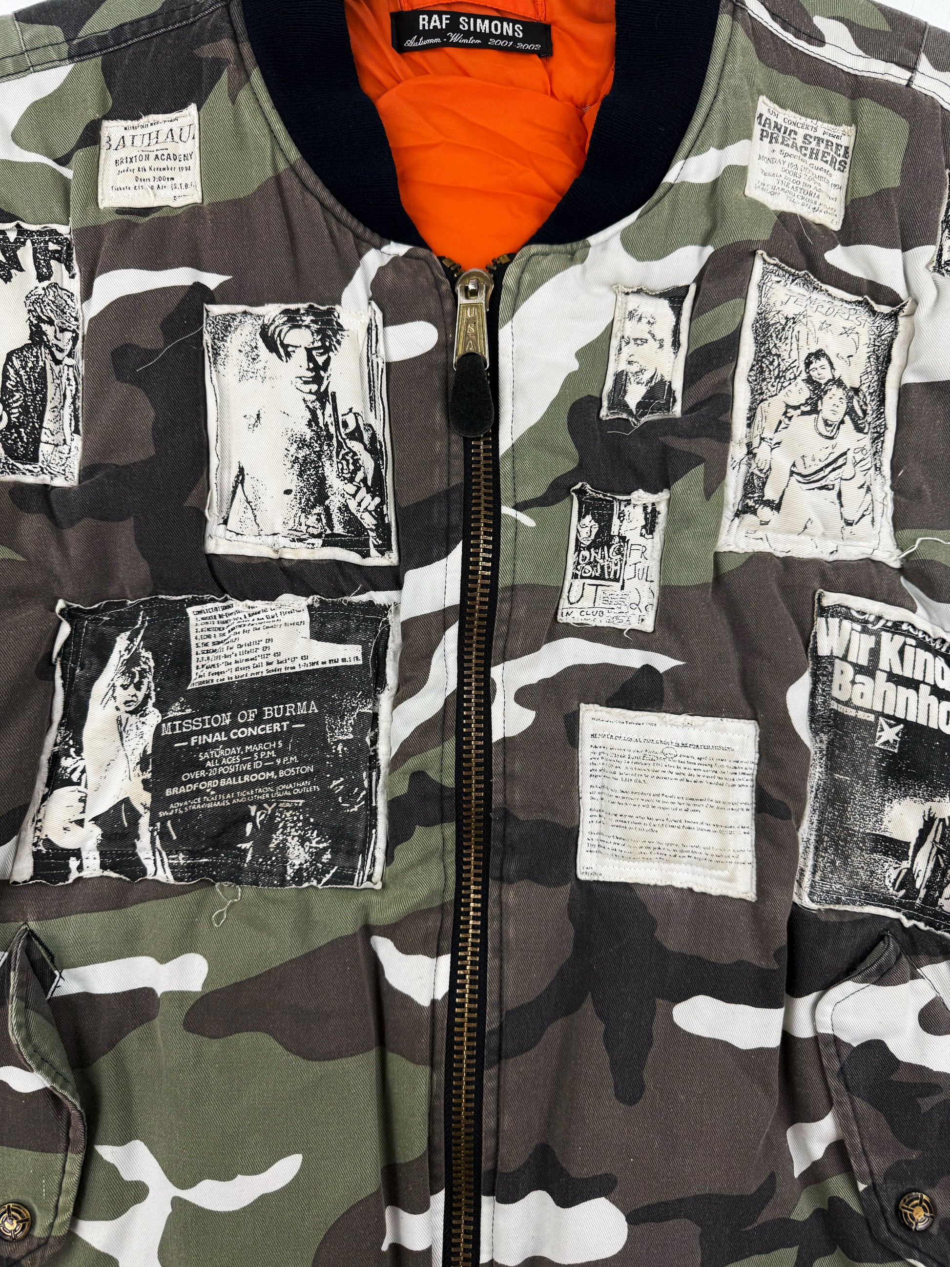 AW01 Raf Simons ‘Riot Riot Riot’ Snow Camouflage Patched Bomber Jacket