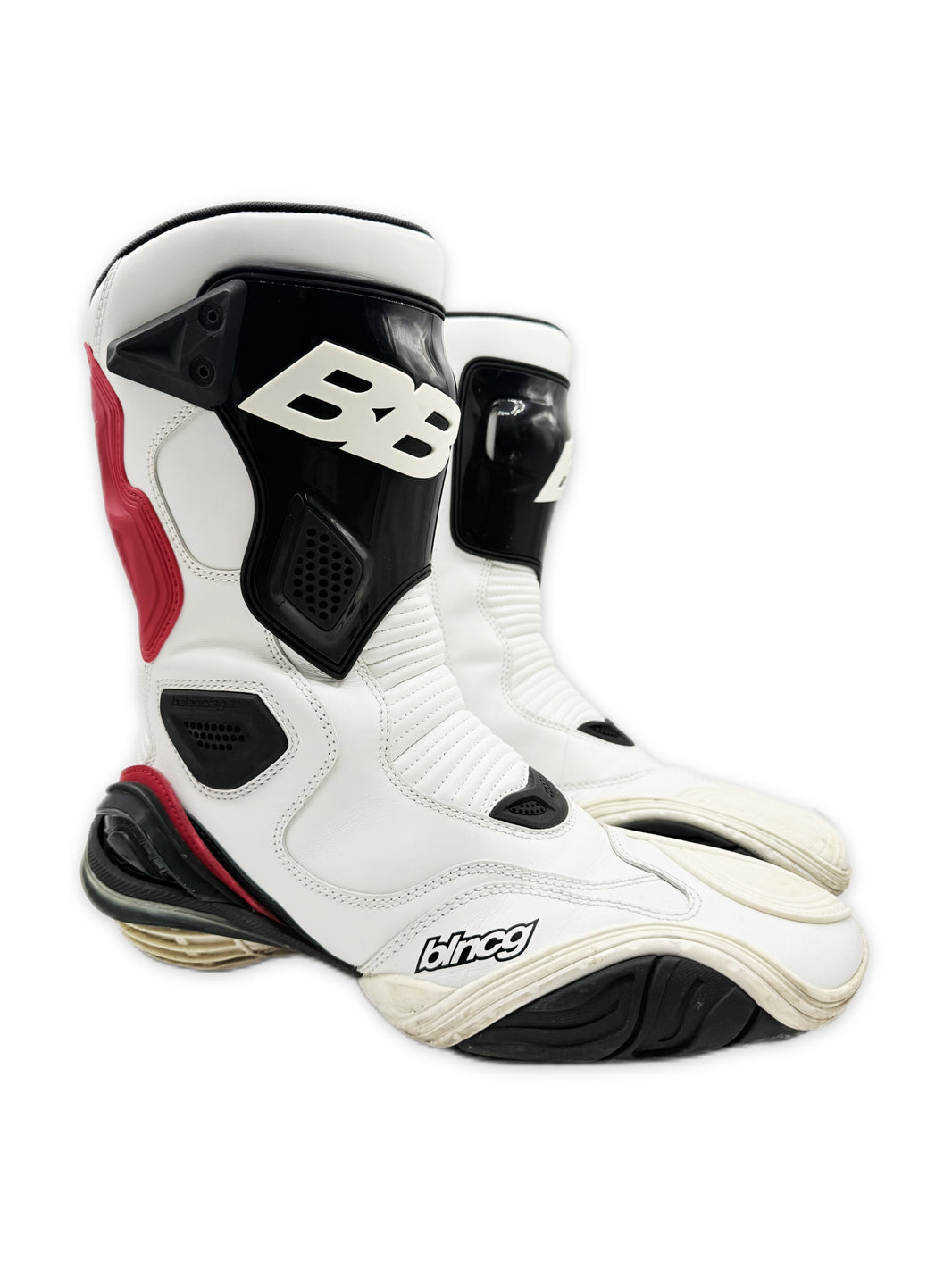 Balenciaga Tyrex White / Red Leather BB Logo Biker Boots