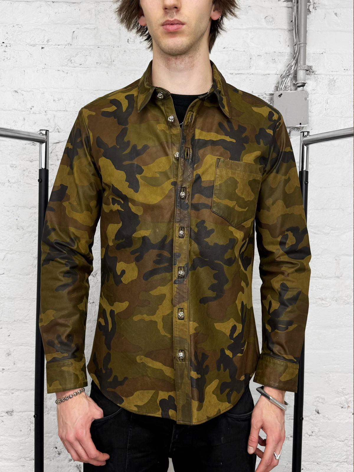 Chrome Hearts Green Camo Button Up Leather Shirt Jacket