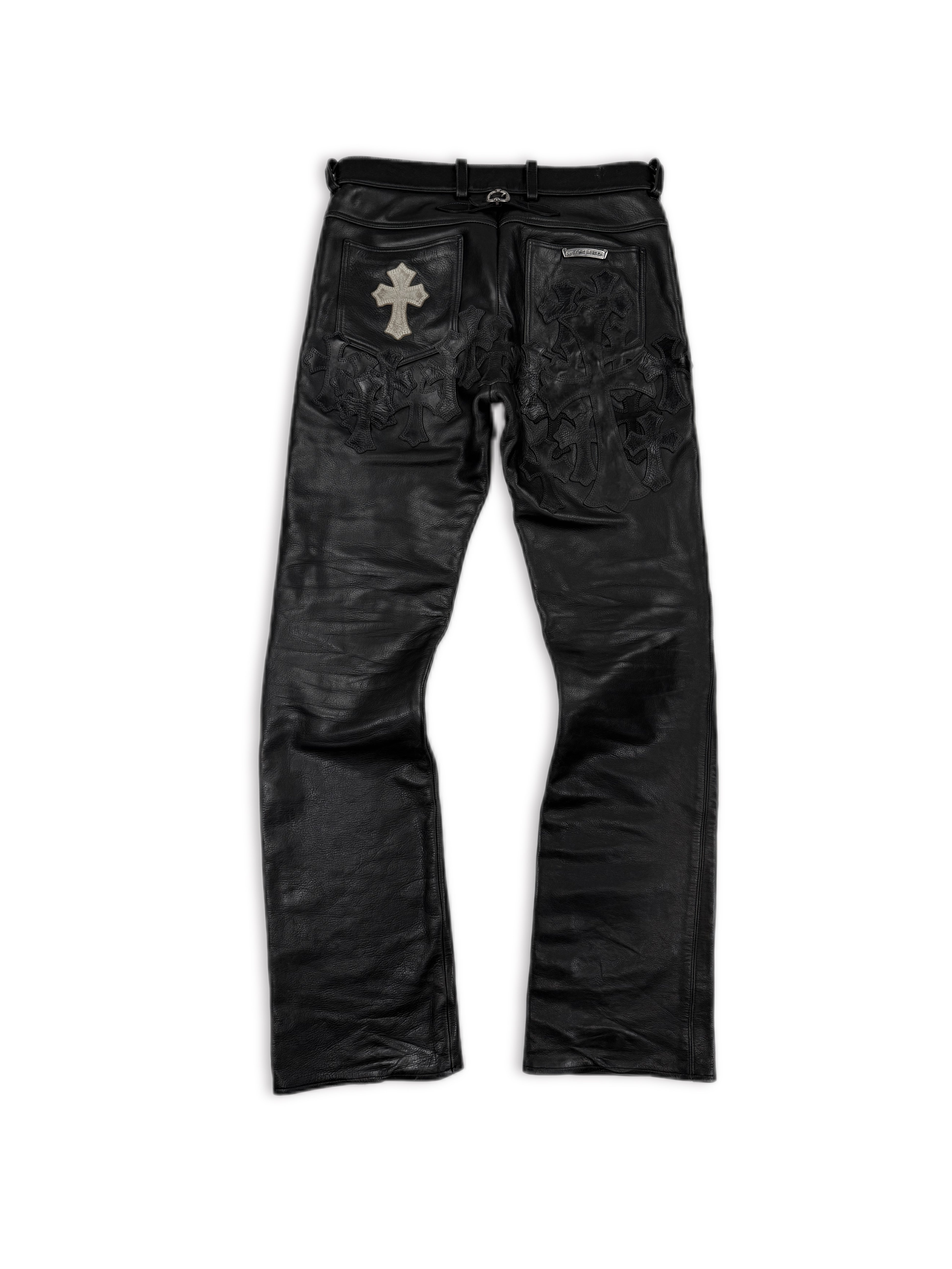 Chrome Hearts 30 Cross Patch Gunslinger Back Buckle Fleur Knee Leather Pants