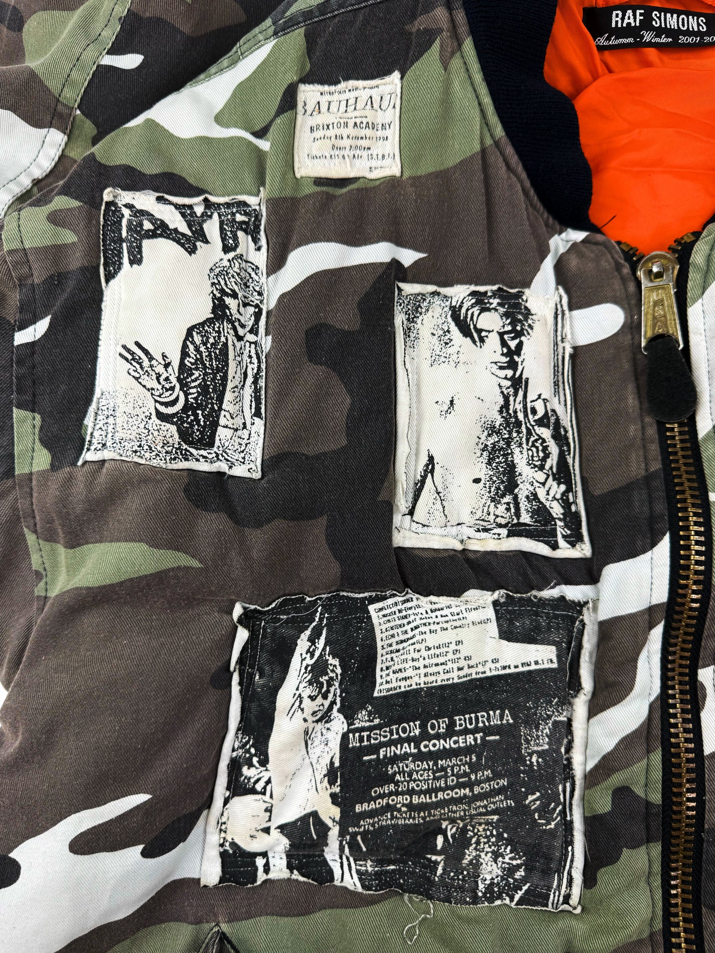 AW01 Raf Simons ‘Riot Riot Riot’ Snow Camouflage Patched Bomber Jacket