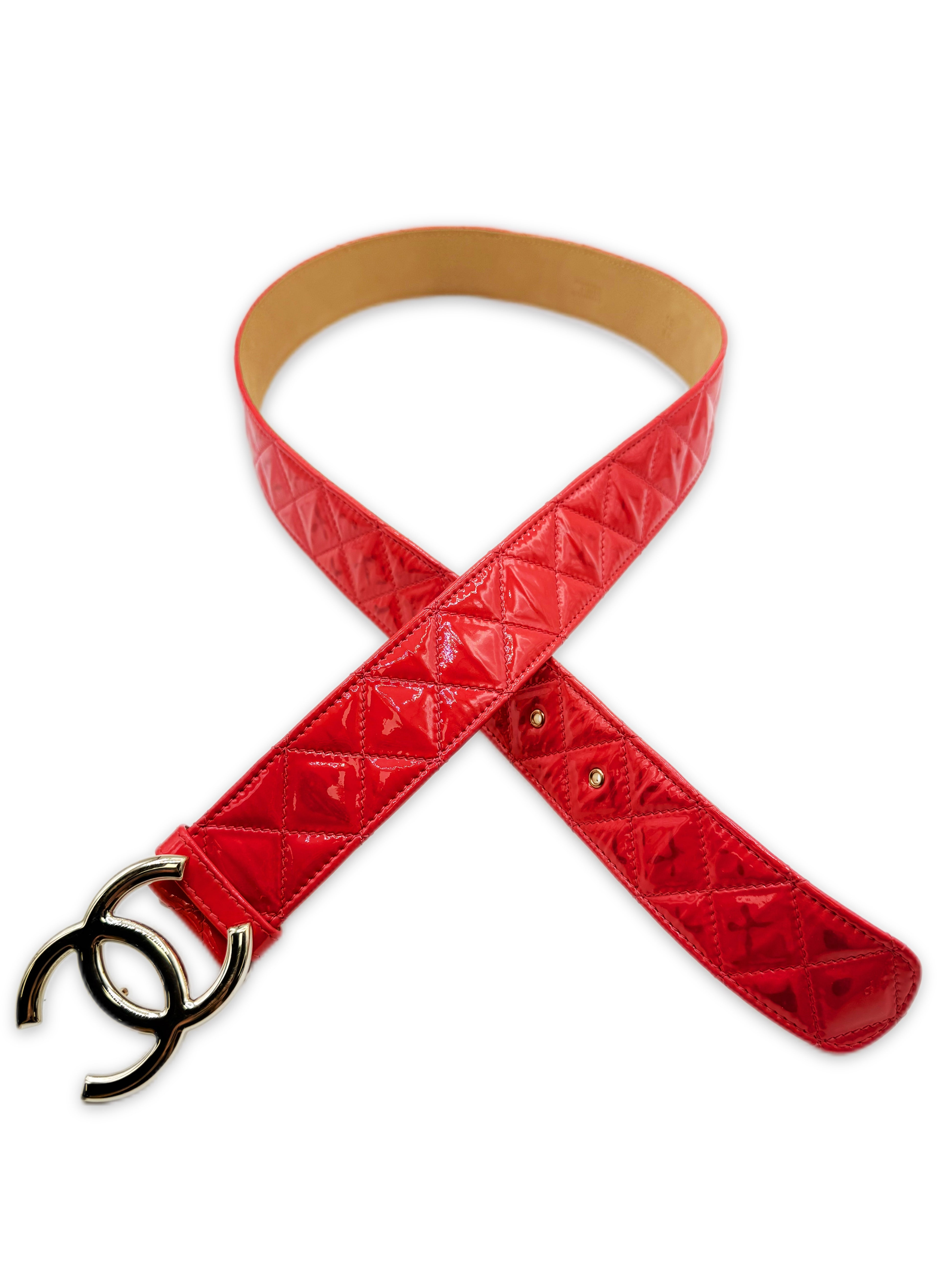 Chanel Patent Red CC Buckle Quilted Caviar Leather Belt