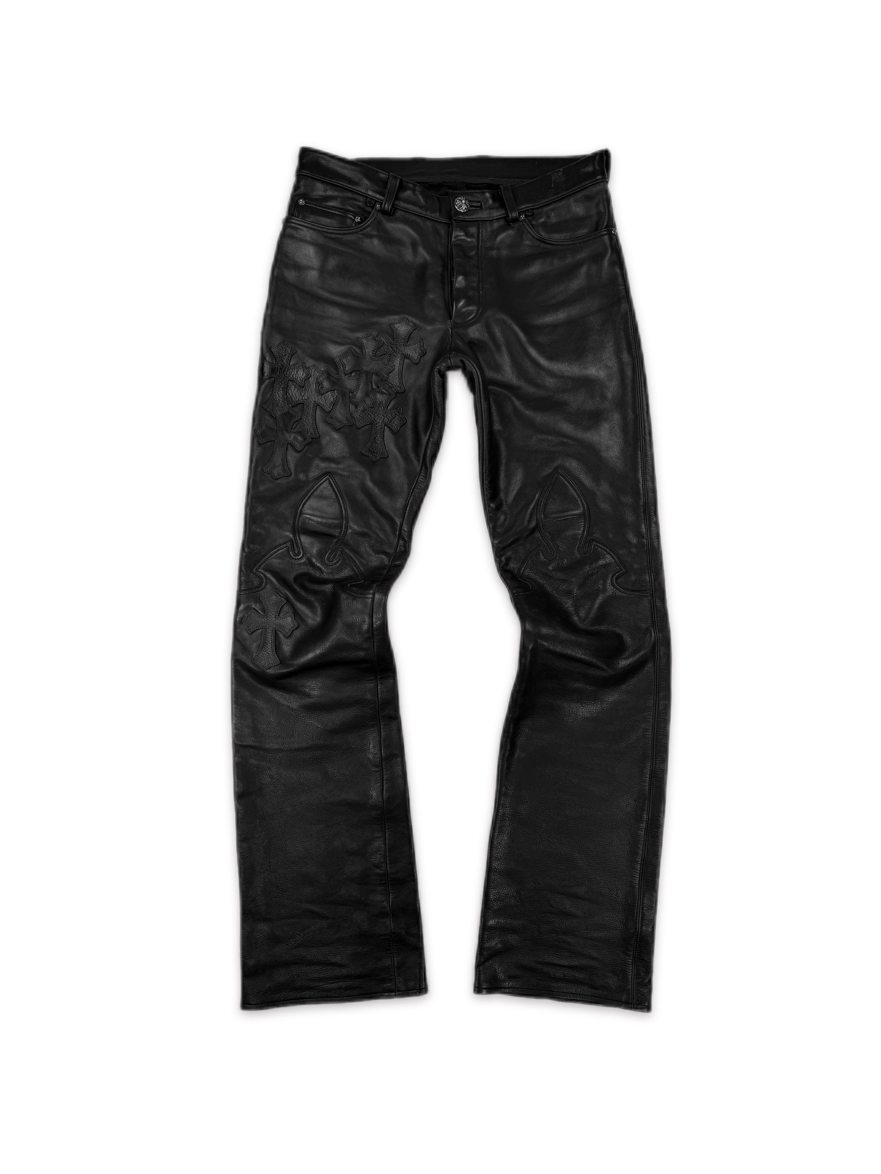 Chrome Hearts 30 Cross Patch Gunslinger Back Buckle Fleur Knee Leather Pants