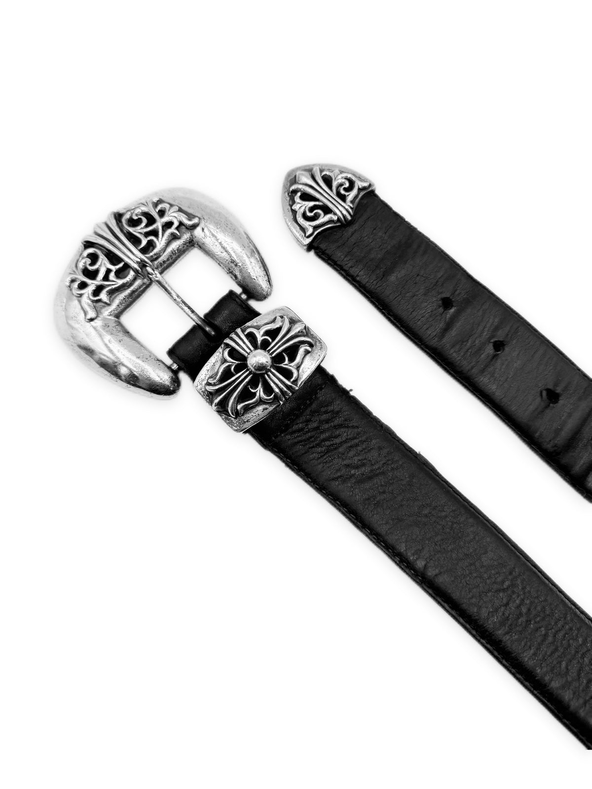 Chrome Hearts 3 Piece Western .925 Silver Black Leather Belt