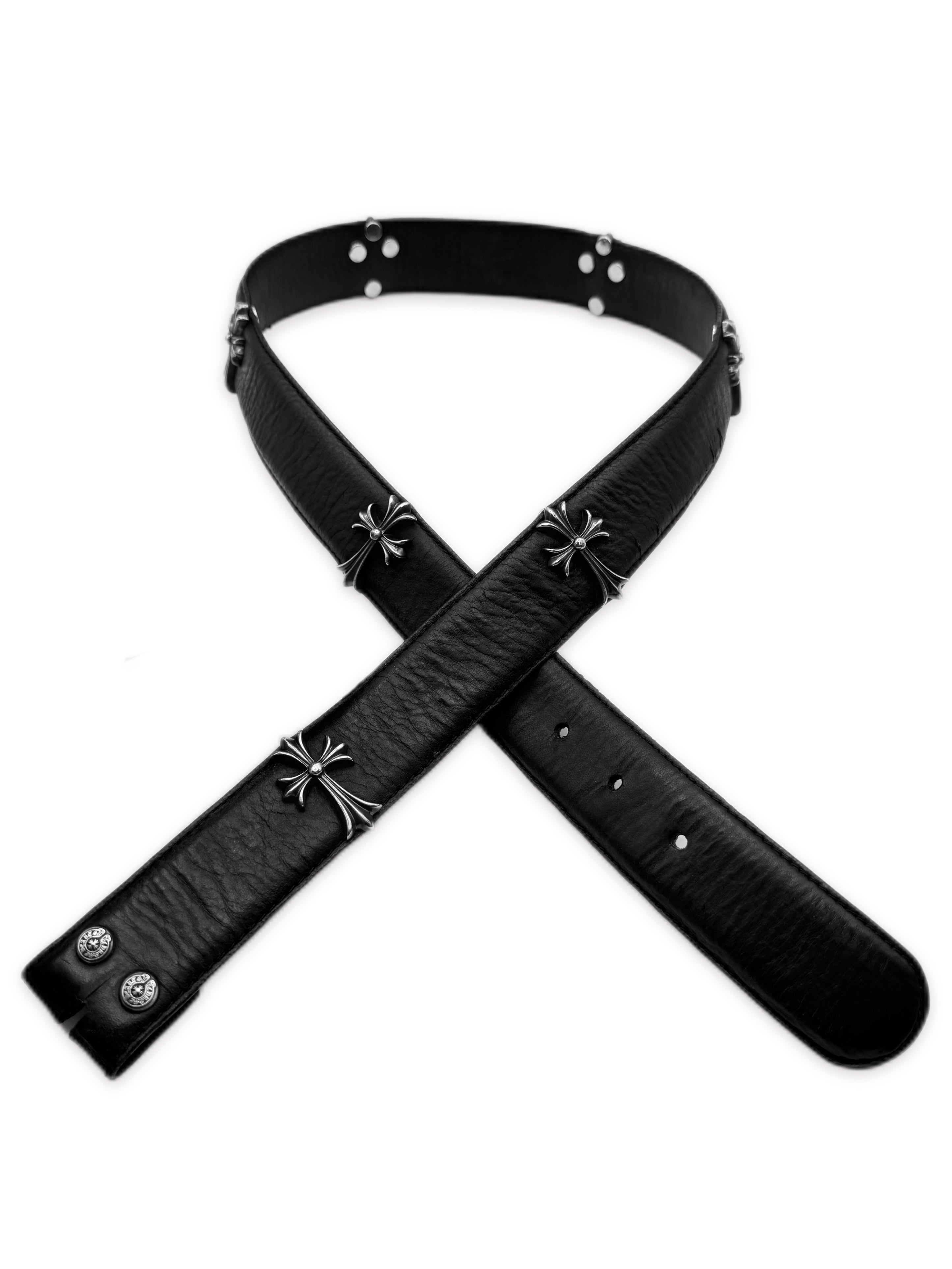 Chrome Hearts Cross Pendant .925 Silver Black Leather Belt Strap