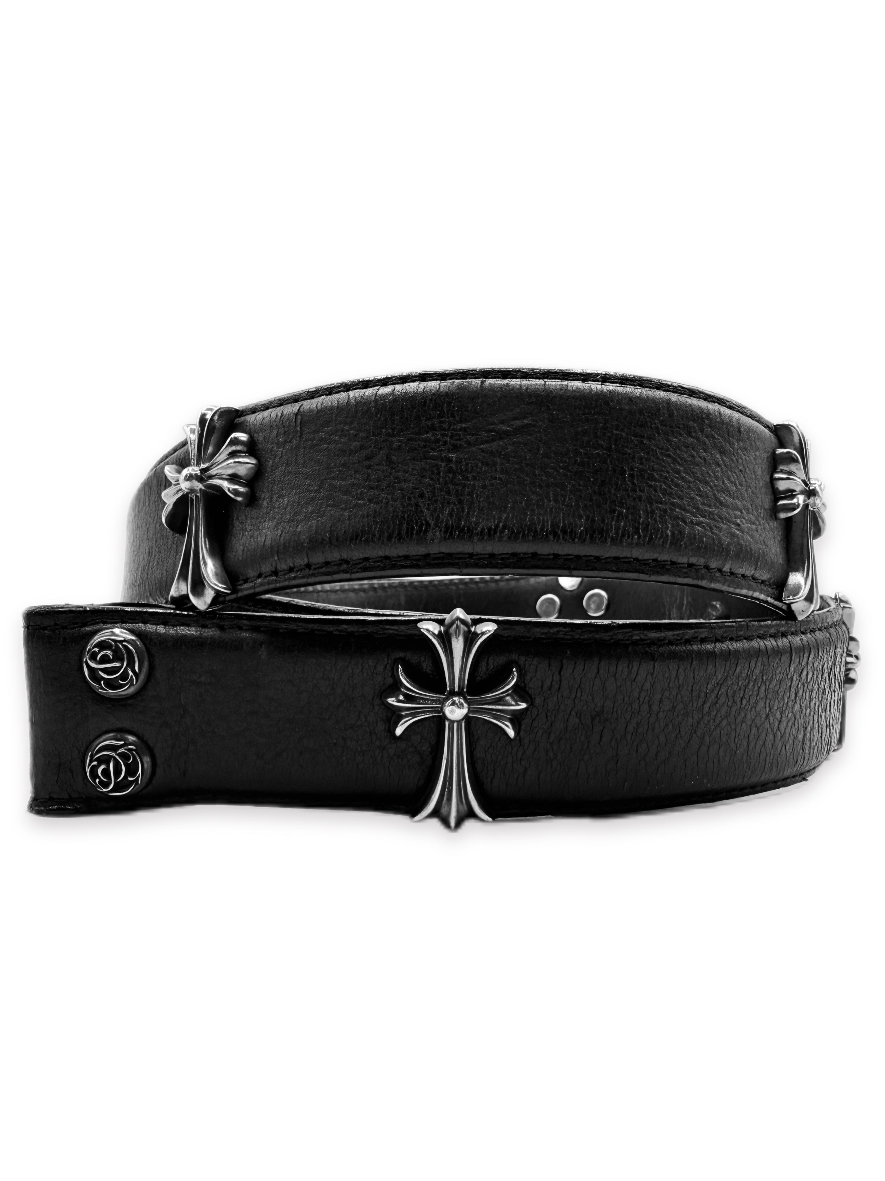 Chrome Hearts Cross Pendant Floral Snap .925 Silver Leather Belt Strap