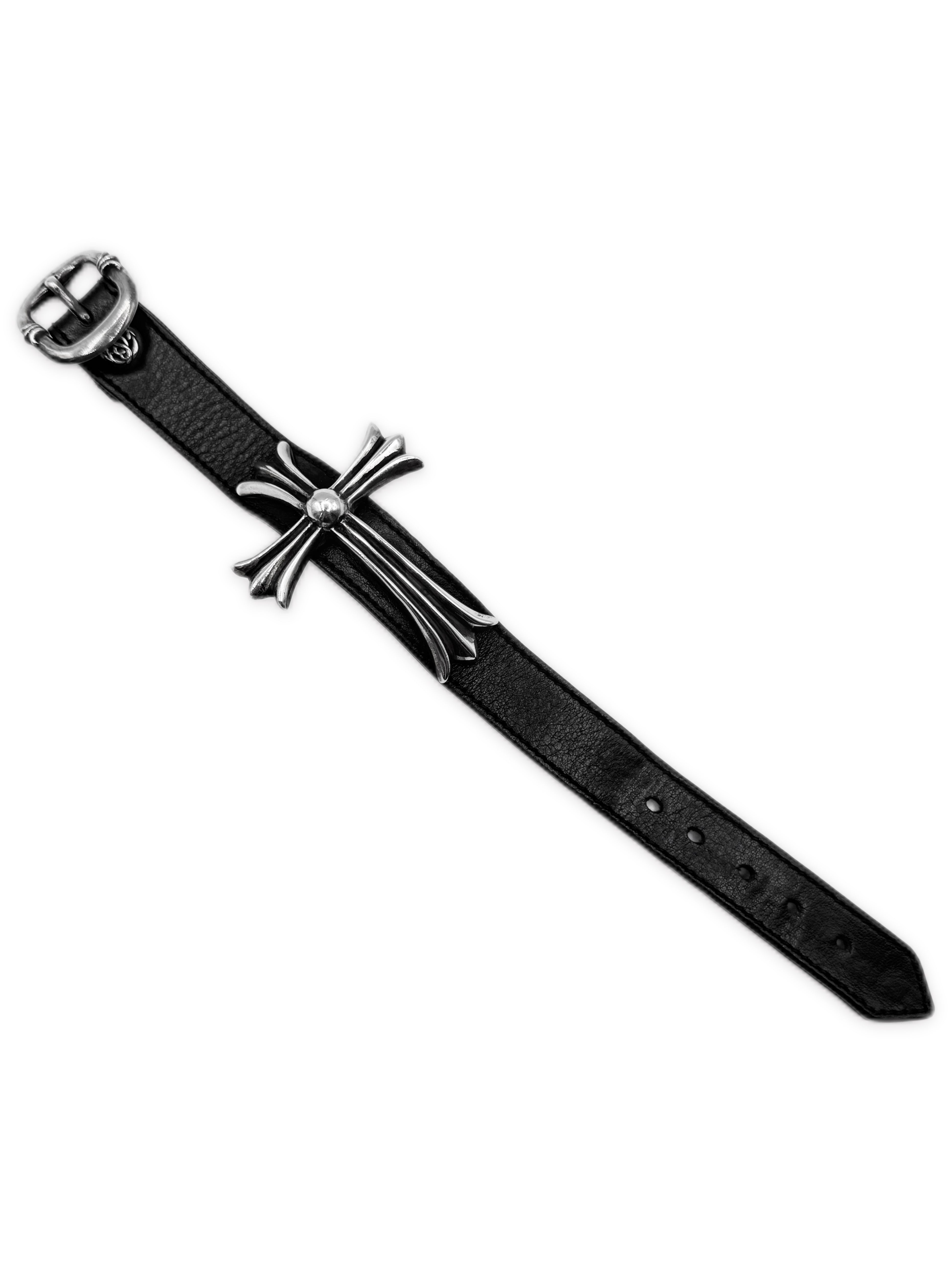 Chrome Hearts XL Cross Gunslinger .925 Silver Leather Bracelet