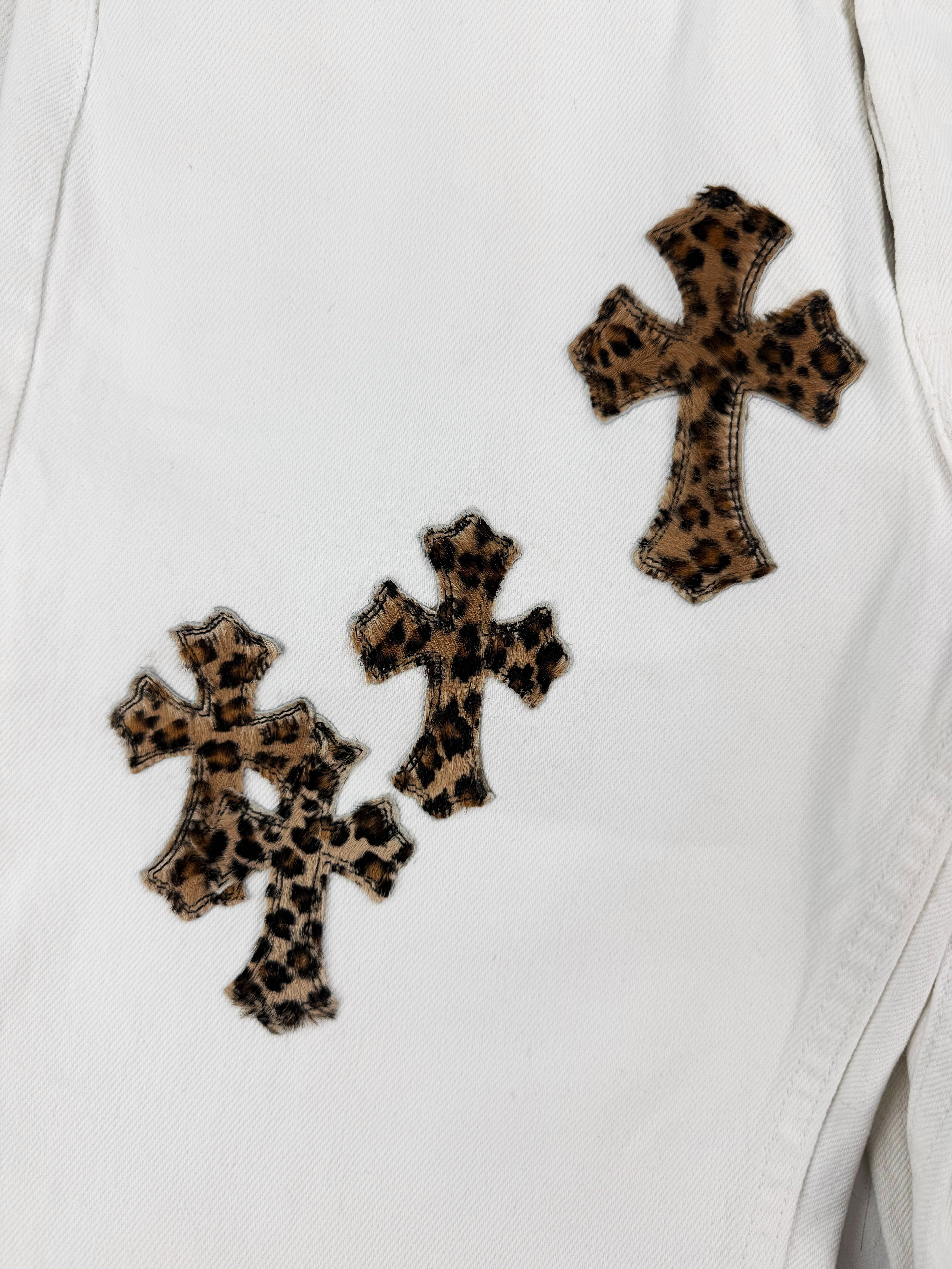 Chrome Hearts Levi’s 501 Cheetah Pony Hair Cross Patch White Denim Jeans