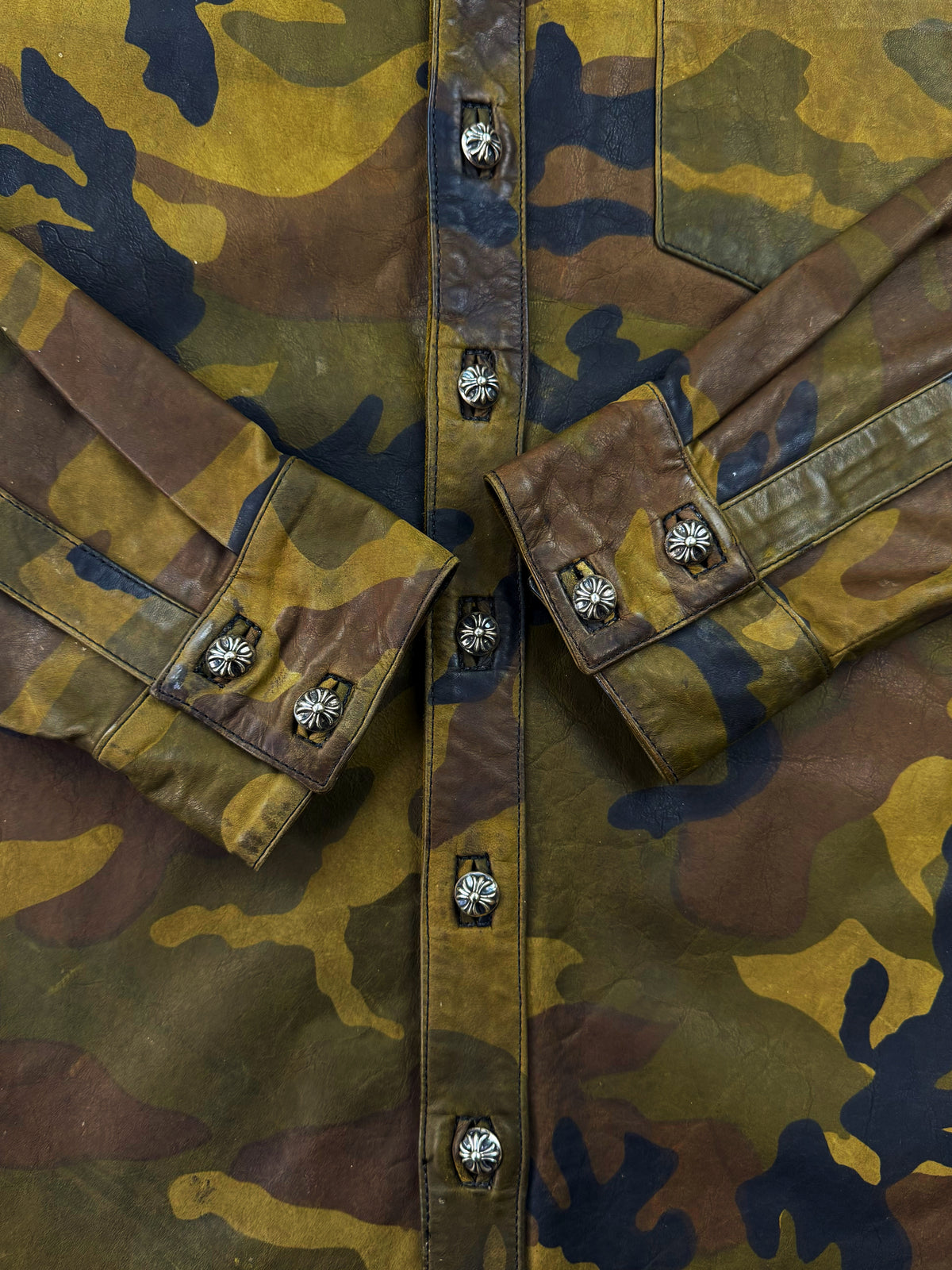 Chrome Hearts Green Camo Button Up Leather Shirt Jacket