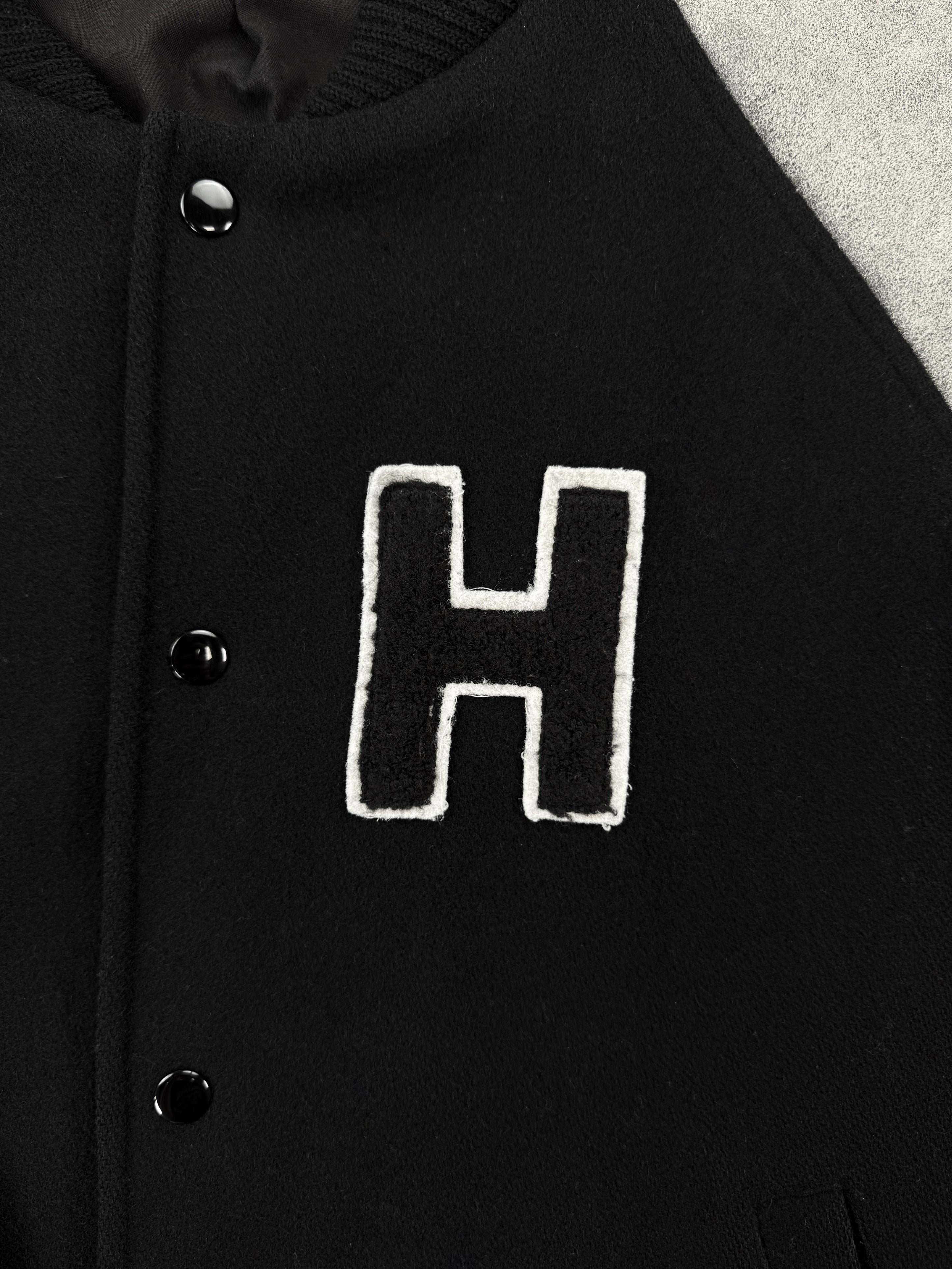 AW02 Raf Simons Virginia Creeper Leather Sleeve Chenille Patch Varsity Jacket