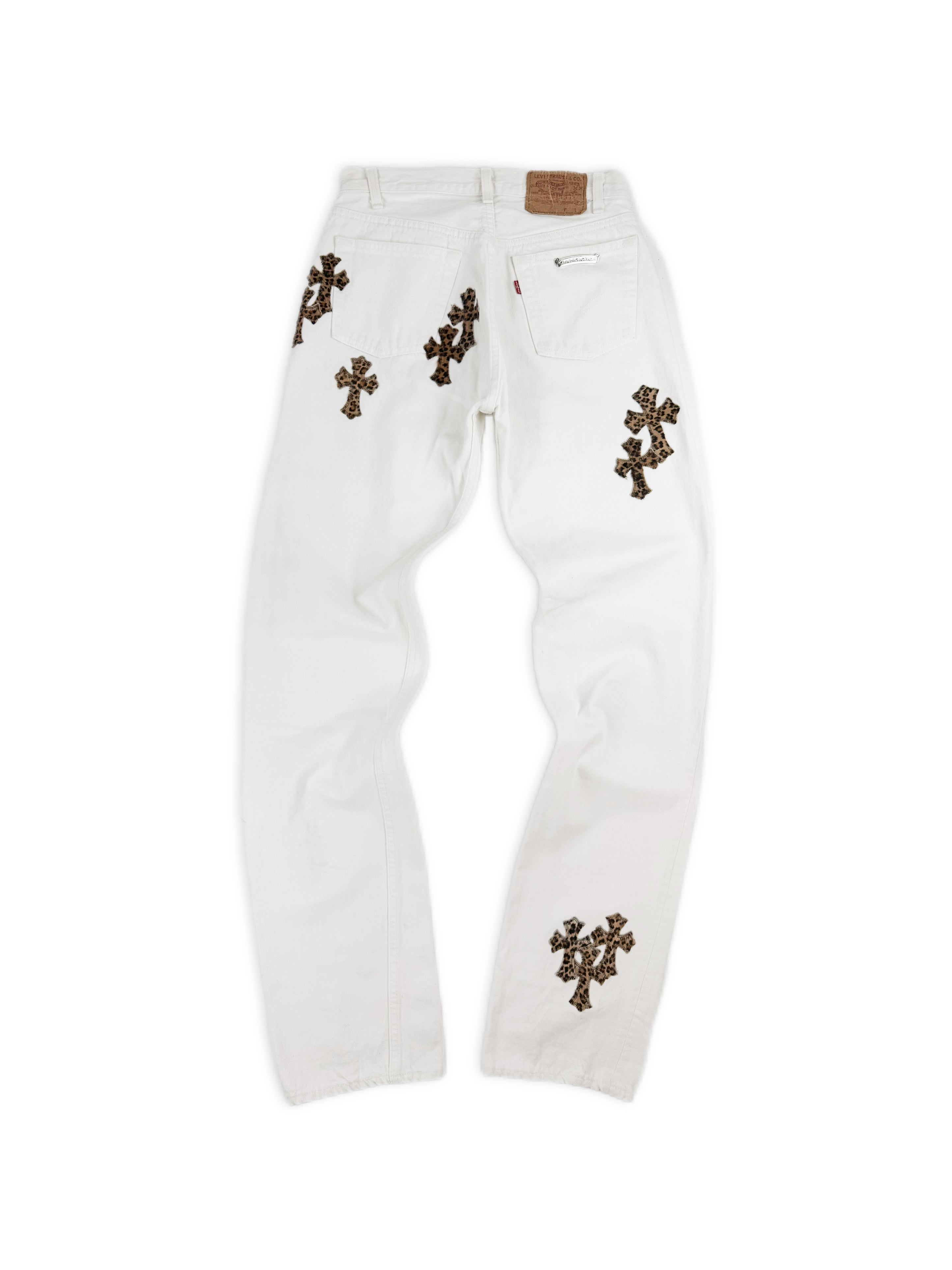 Chrome Hearts Levi’s 501 Cheetah Pony Hair Cross Patch White Denim Jeans