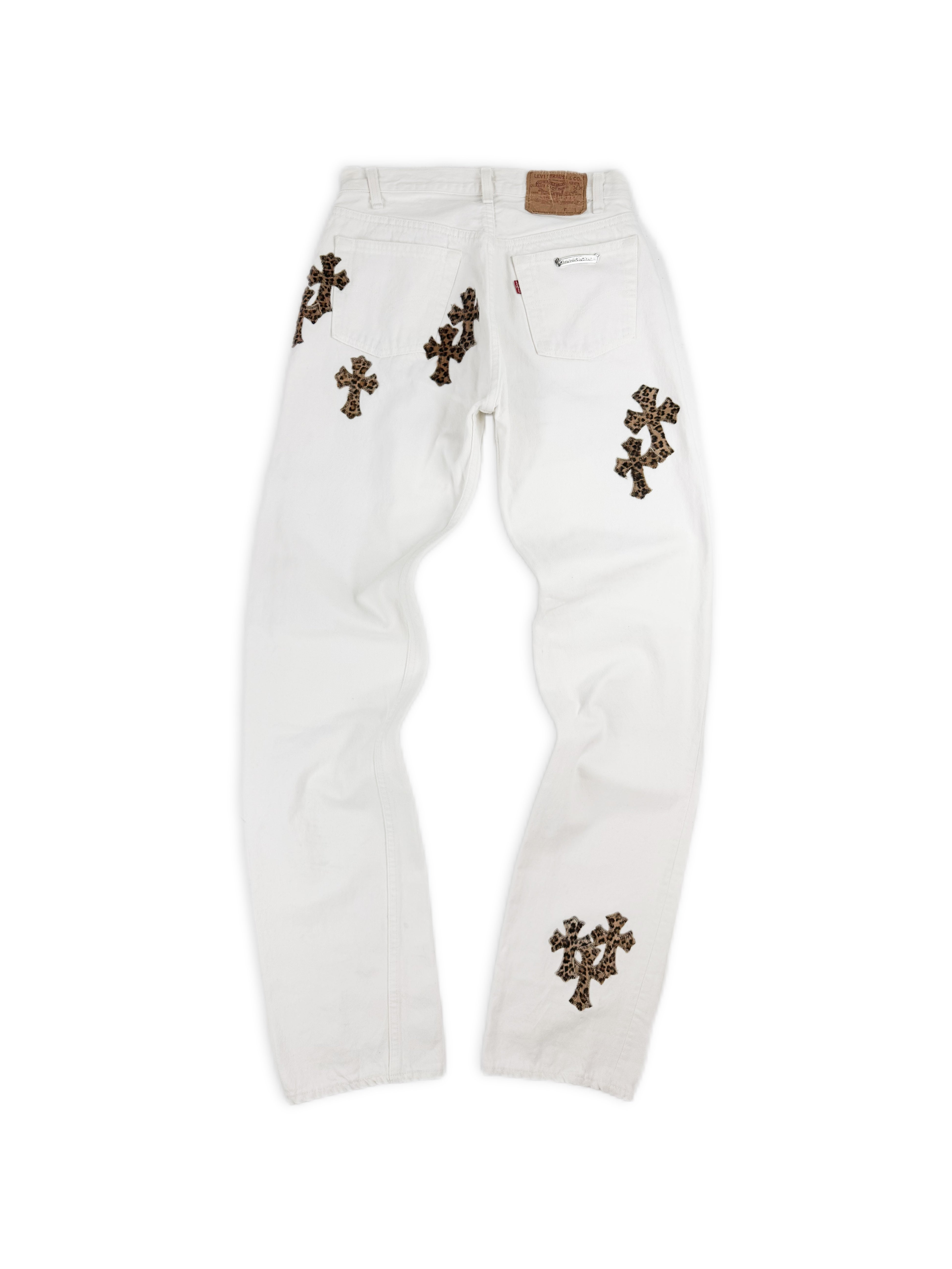 Chrome Hearts Levi’s 501 Cheetah Pony Hair Cross Patch White Denim Jeans
