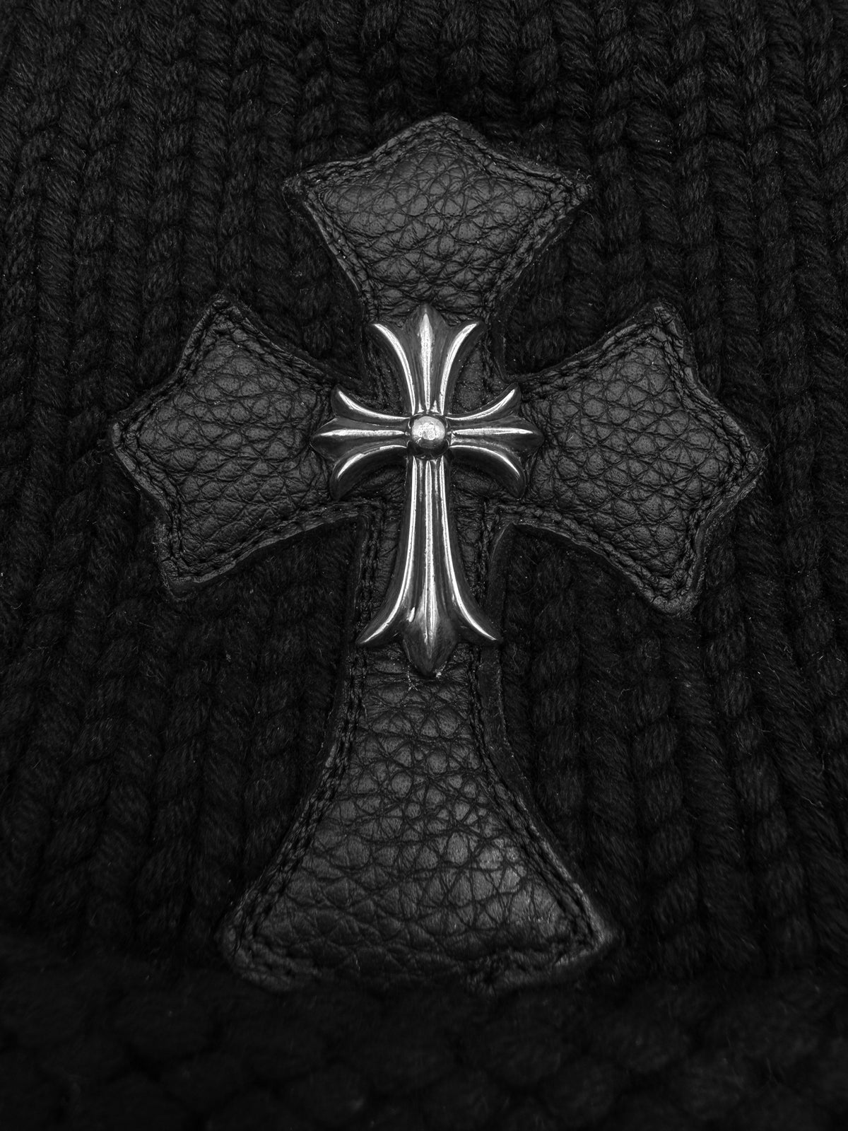Chrome Hearts Silver Pendant Leather Cross Patch Knit Beanie