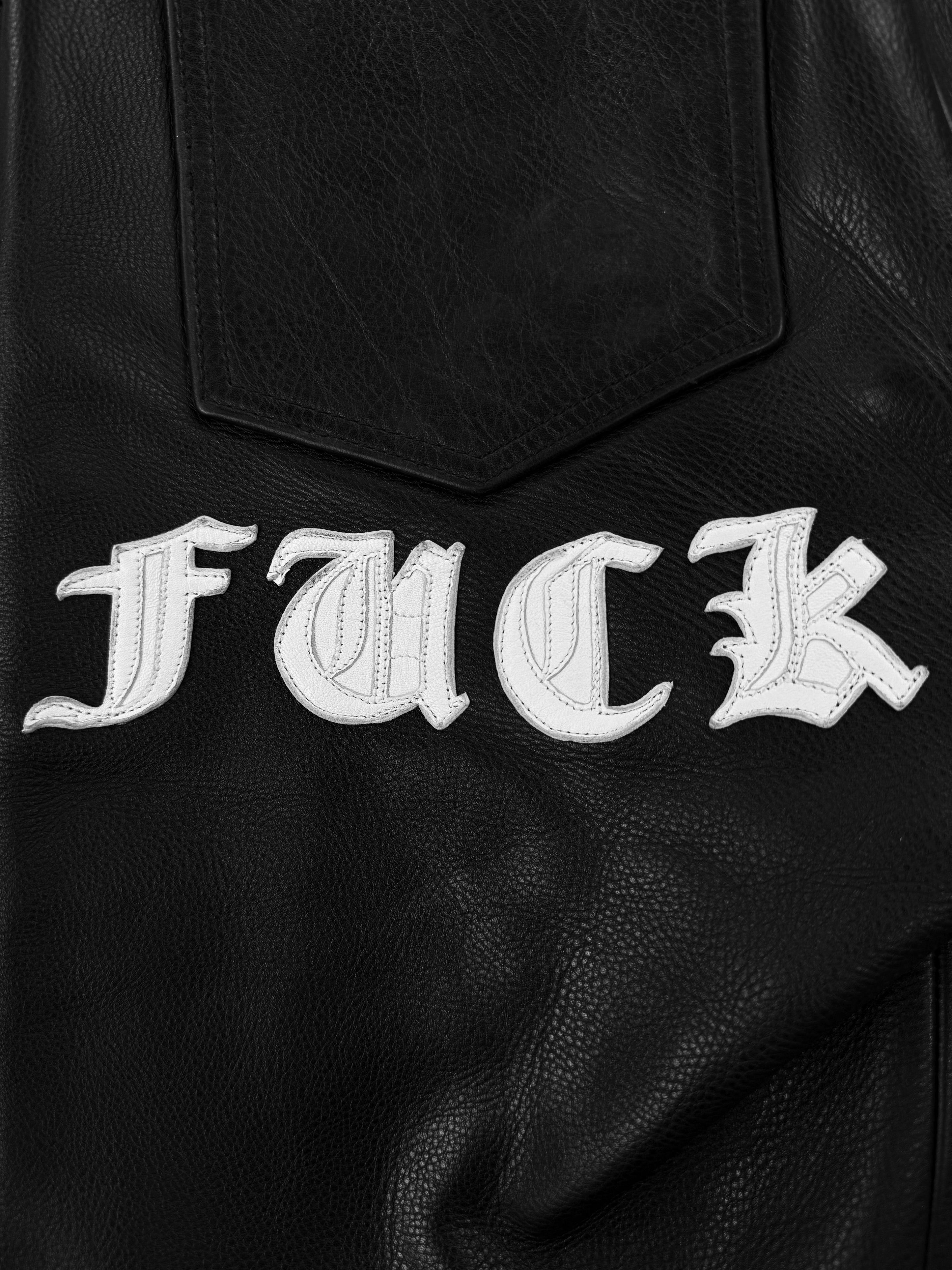 Chrome Hearts ‘Fuck’ Black Leather 19 Cross Patch Pants