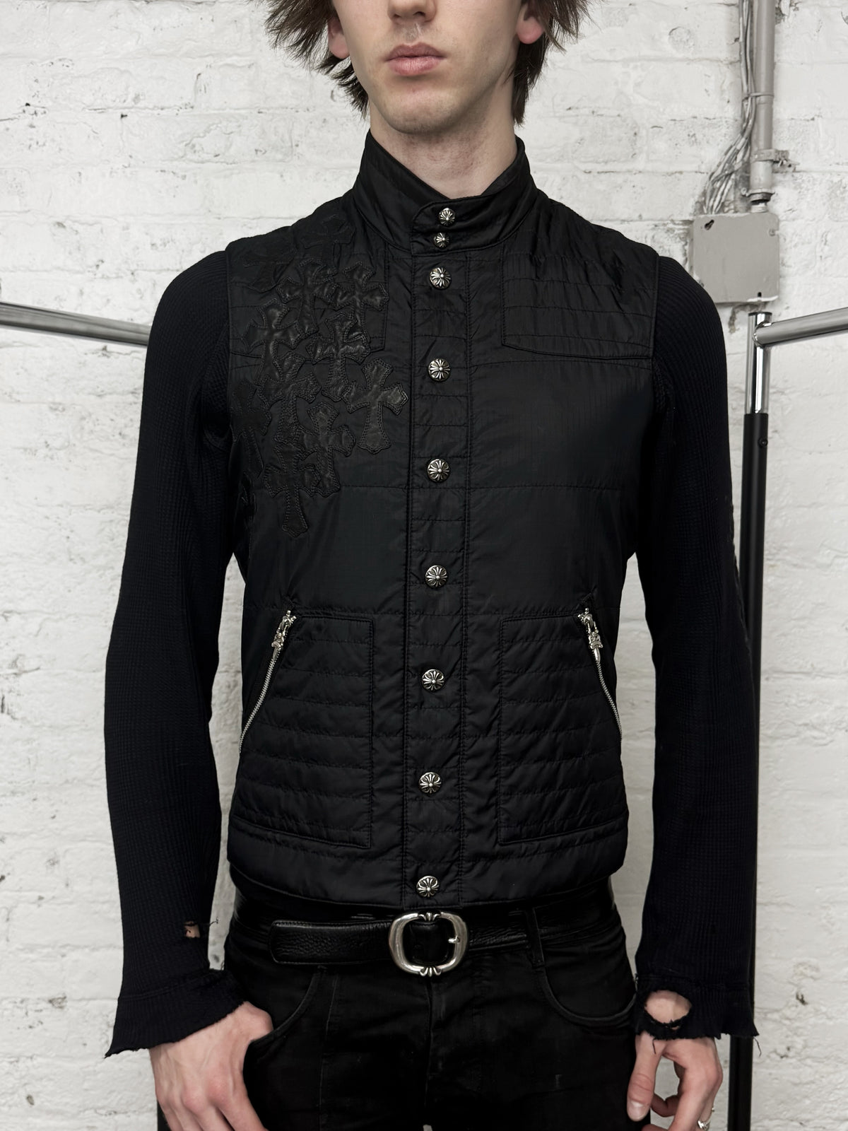 Chrome Hearts 12 Leather Cross Patch Flooded Black Nylon Vest