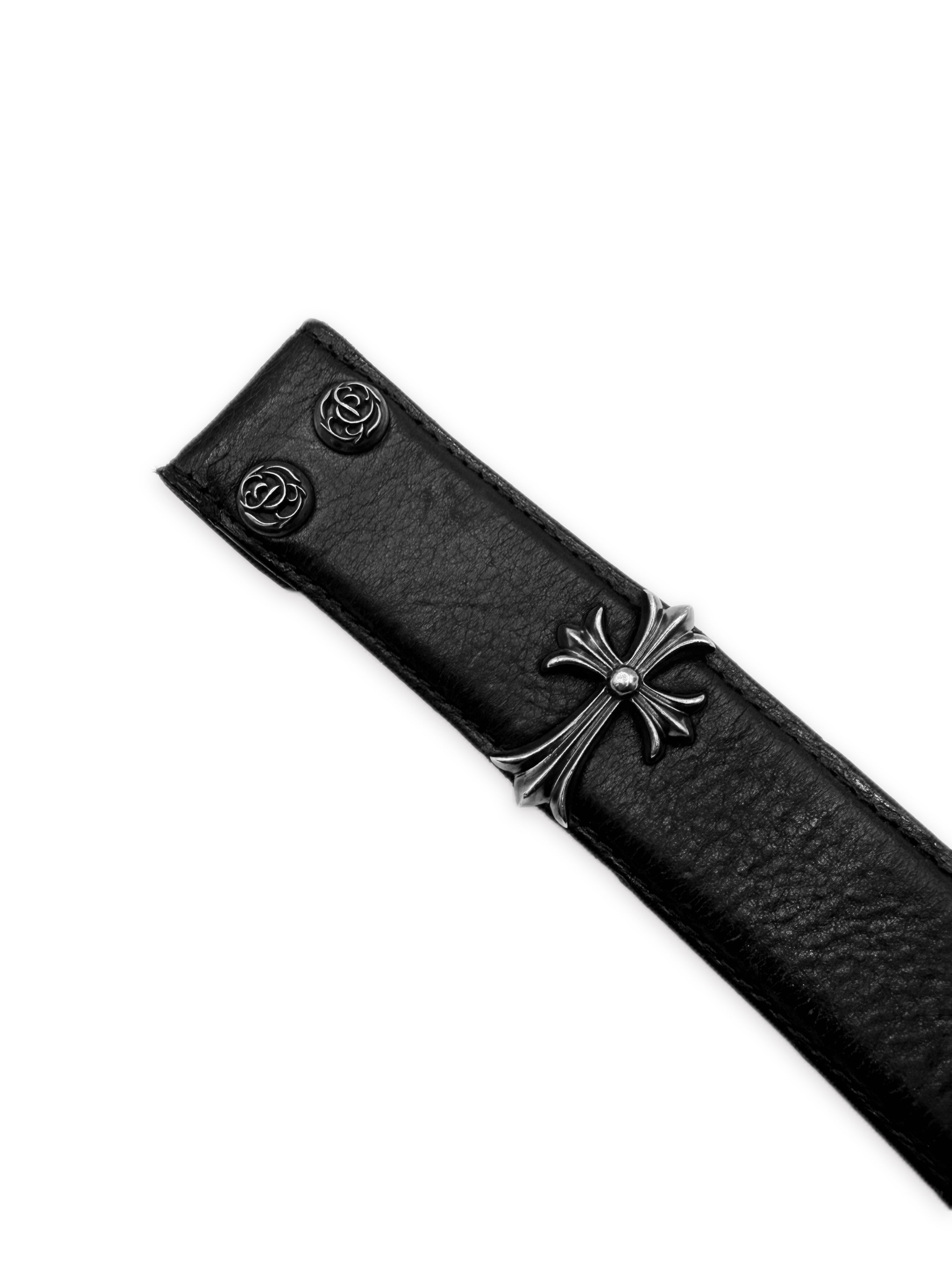 Chrome Hearts Cross Pendant Floral Snap .925 Silver Leather Belt Strap