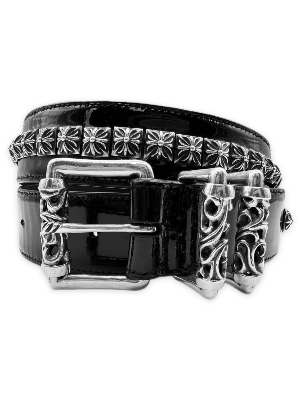 Chrome Hearts Patent Leather Pyramid Studded Black Roller Belt