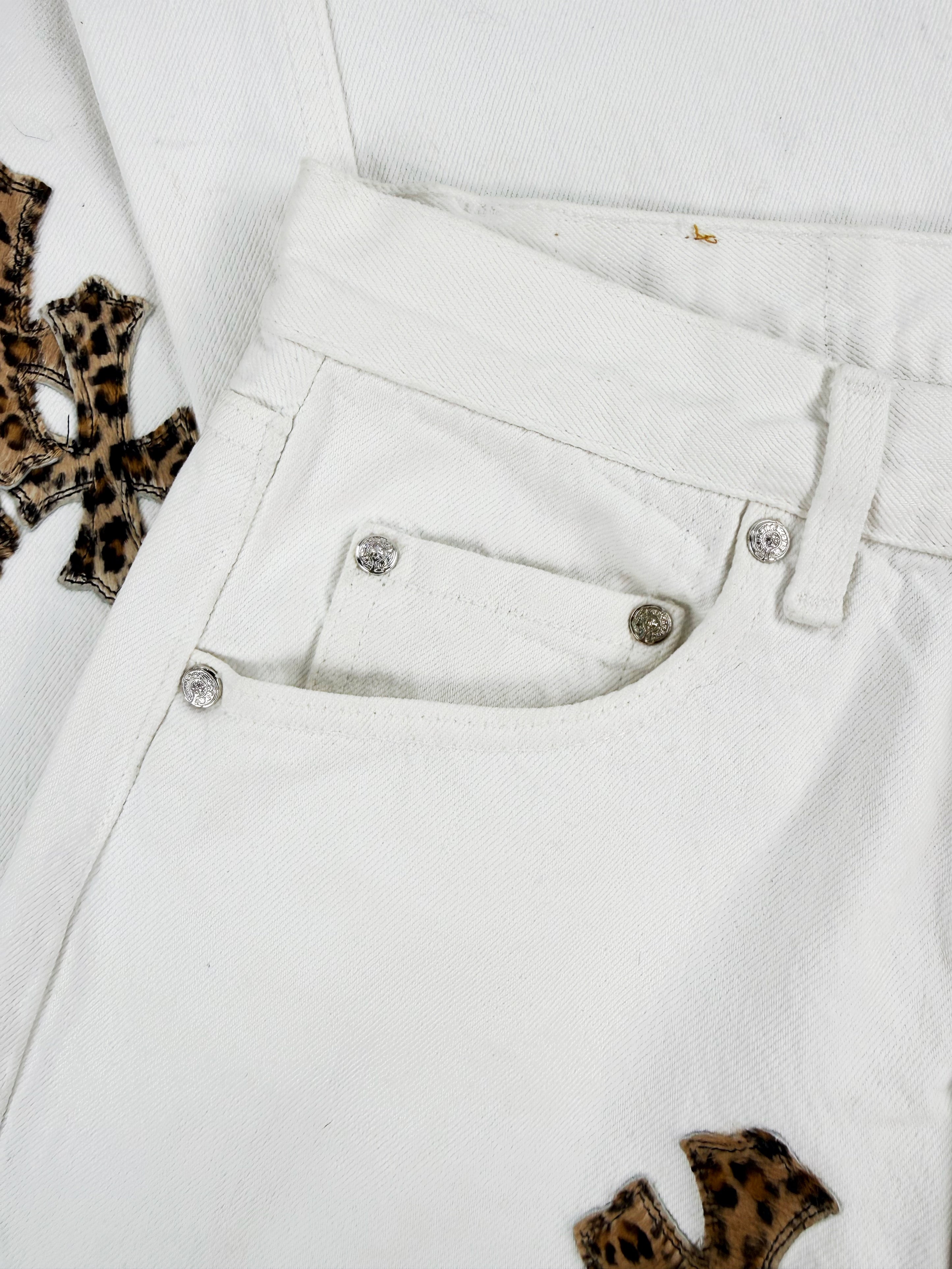 Chrome Hearts Levi’s 501 Cheetah Pony Hair Cross Patch White Denim Jeans