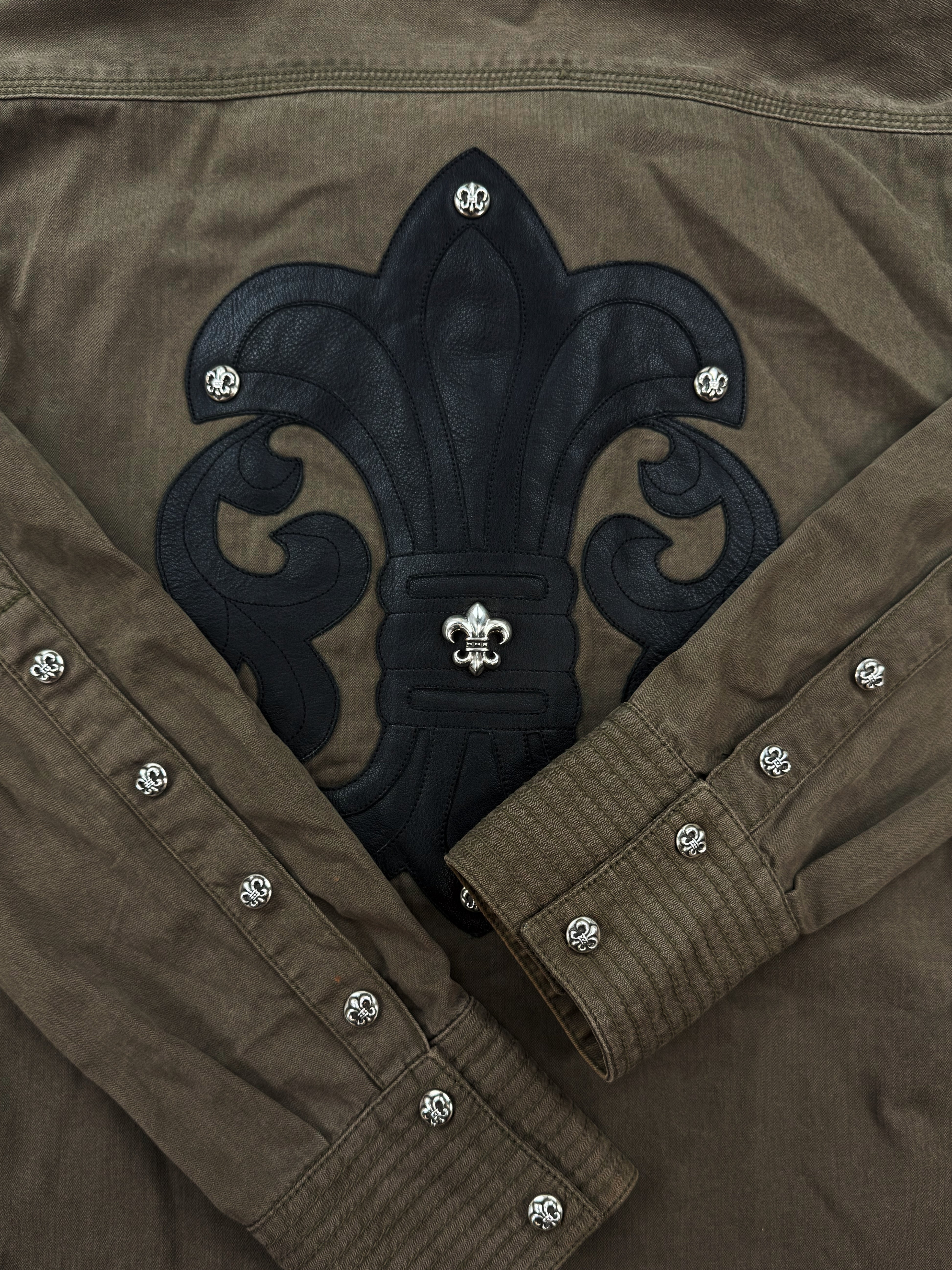 Chrome Hearts BS Fleur Leather Patch Olive Green Work Shirt