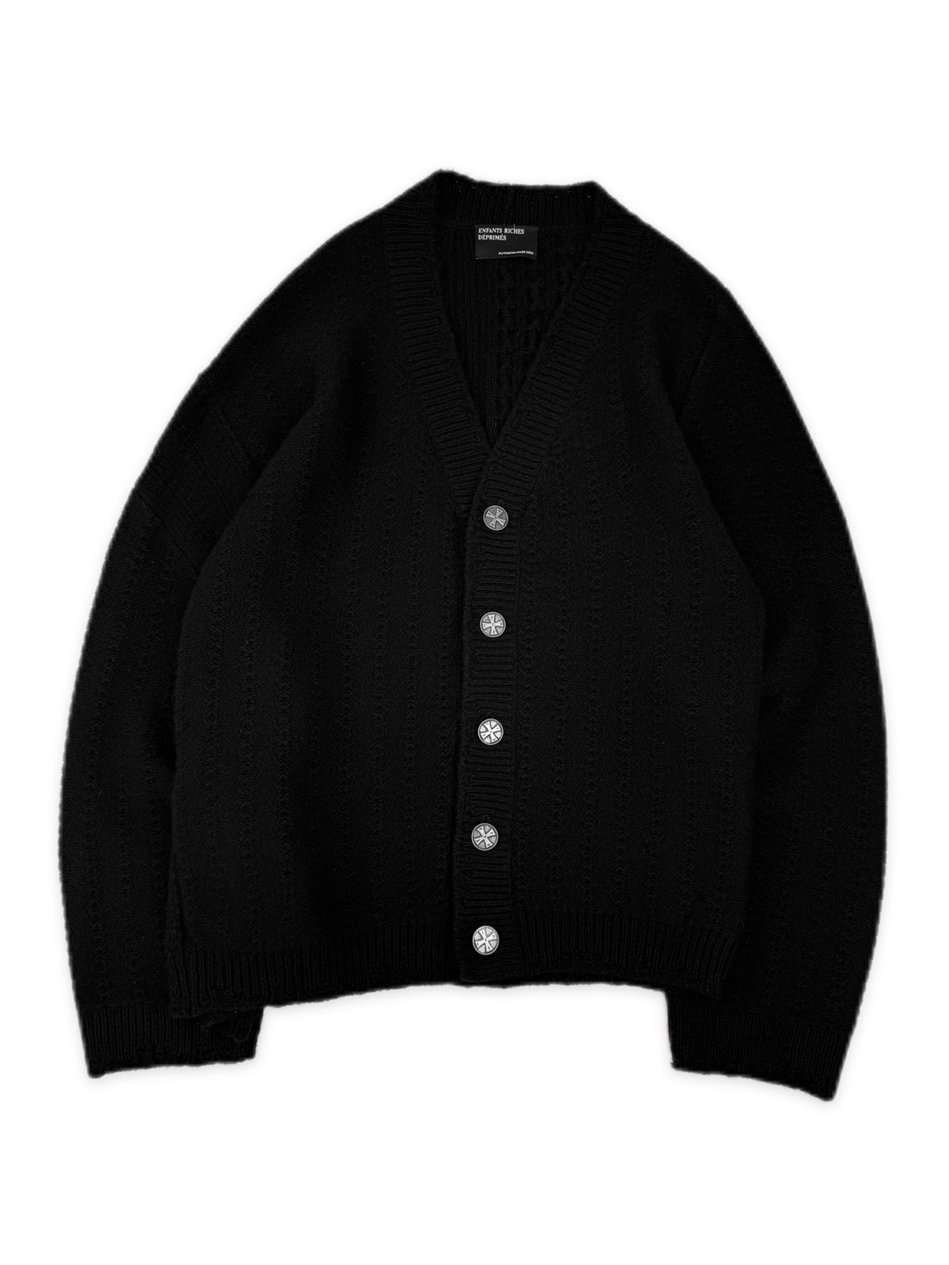 Enfants Riches Deprimes Cashmere Asymmetric Iron Cross Knit Cardigan Sweater