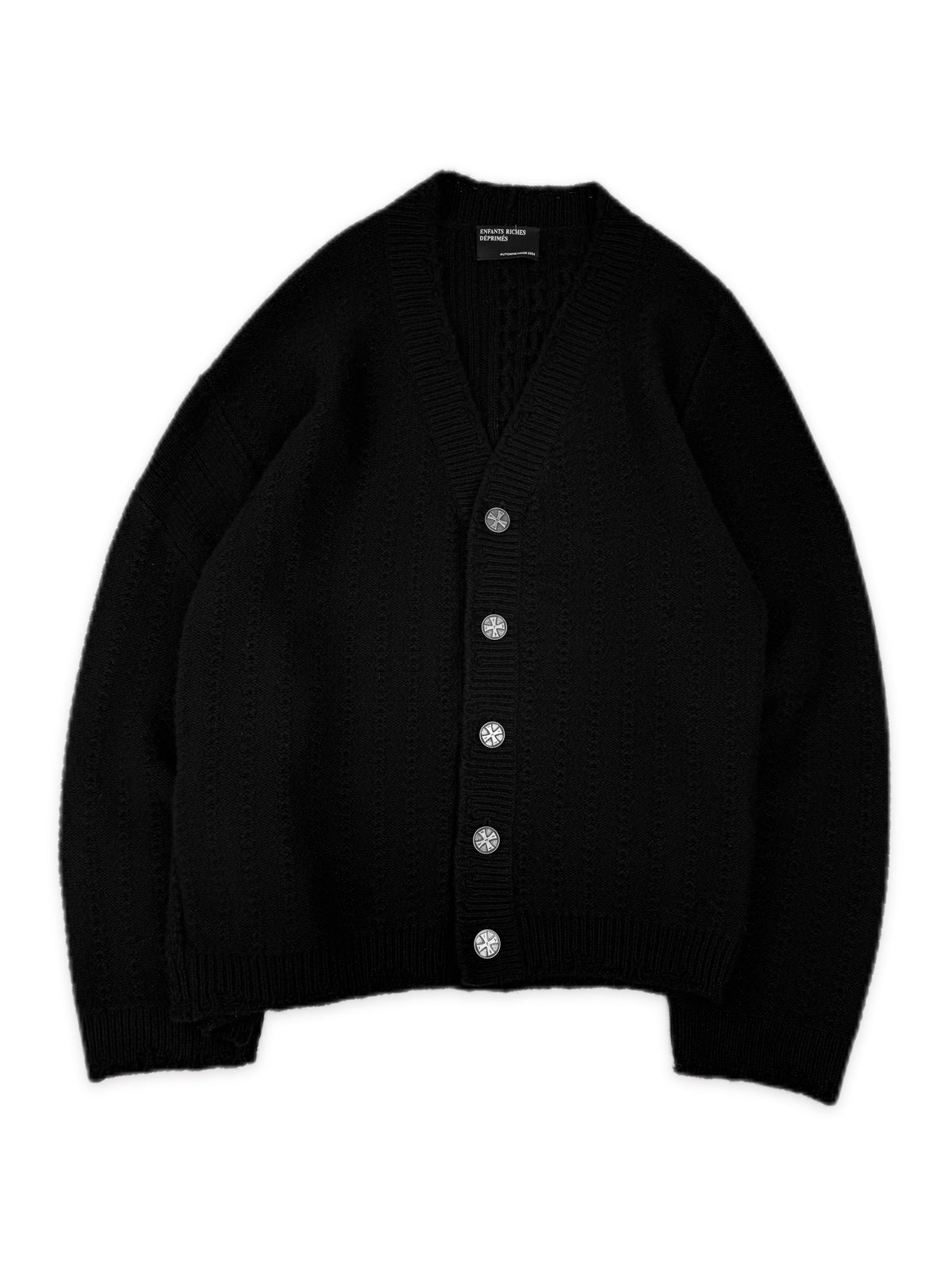 Enfants Riches Deprimes Cashmere Asymmetric Iron Cross Knit Cardigan Sweater