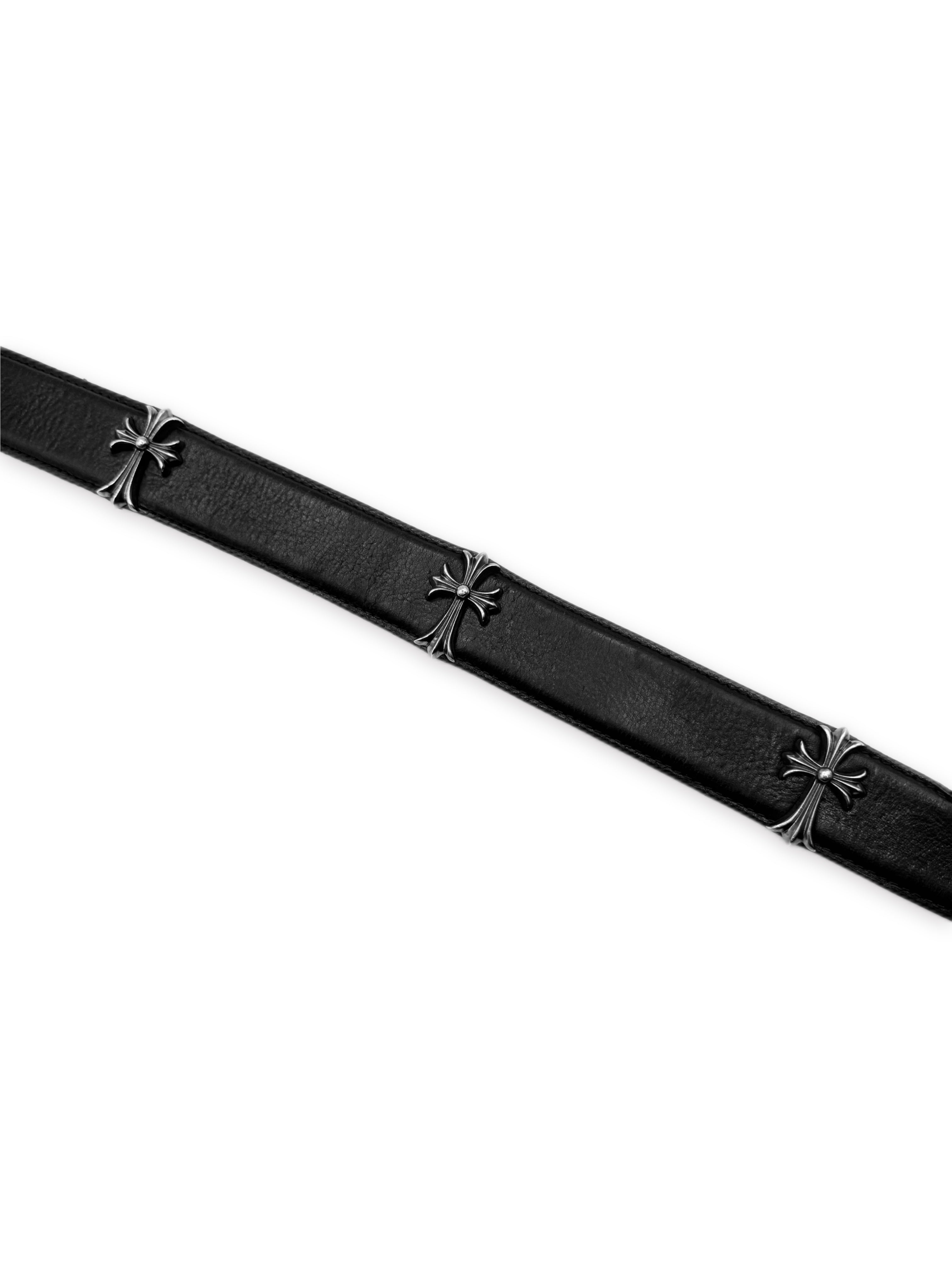 Chrome Hearts Cross Pendant Floral Snap .925 Silver Leather Belt Strap