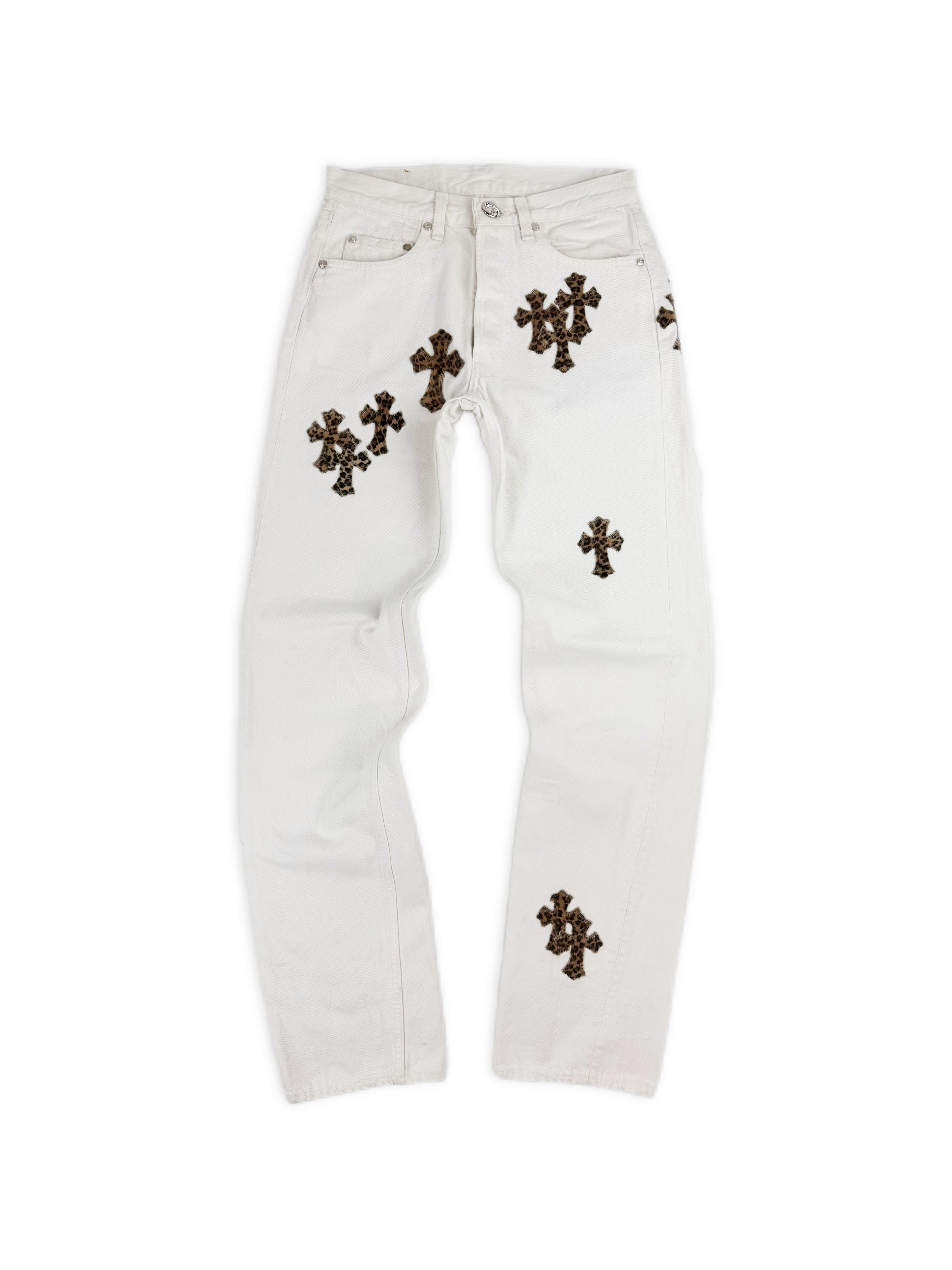 Chrome Hearts Levi’s 501 Cheetah Pony Hair Cross Patch White Denim Jeans