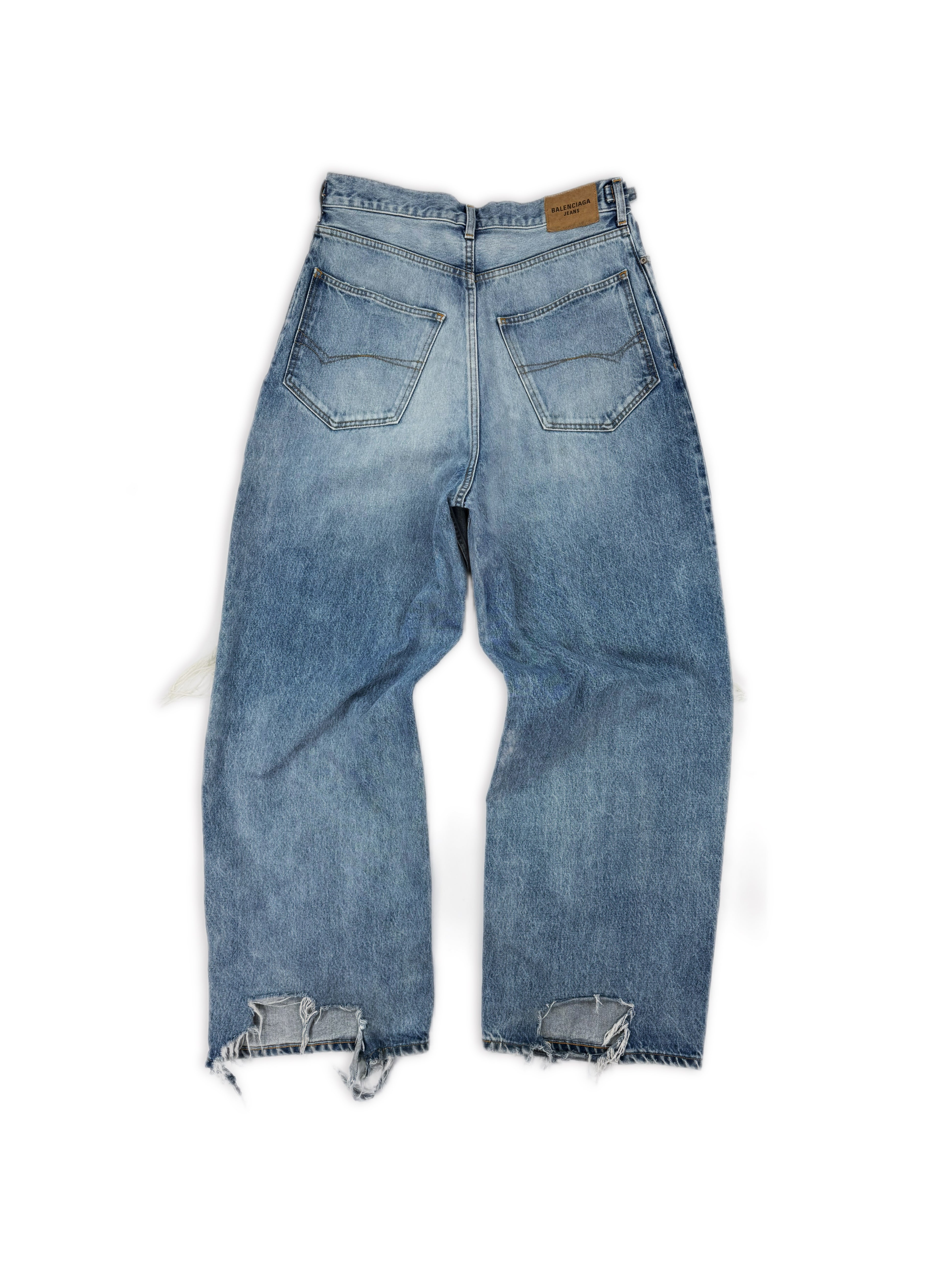 SS22 Balenciaga Skater Light Wash Distressed Wide Cut Denim Jeans
