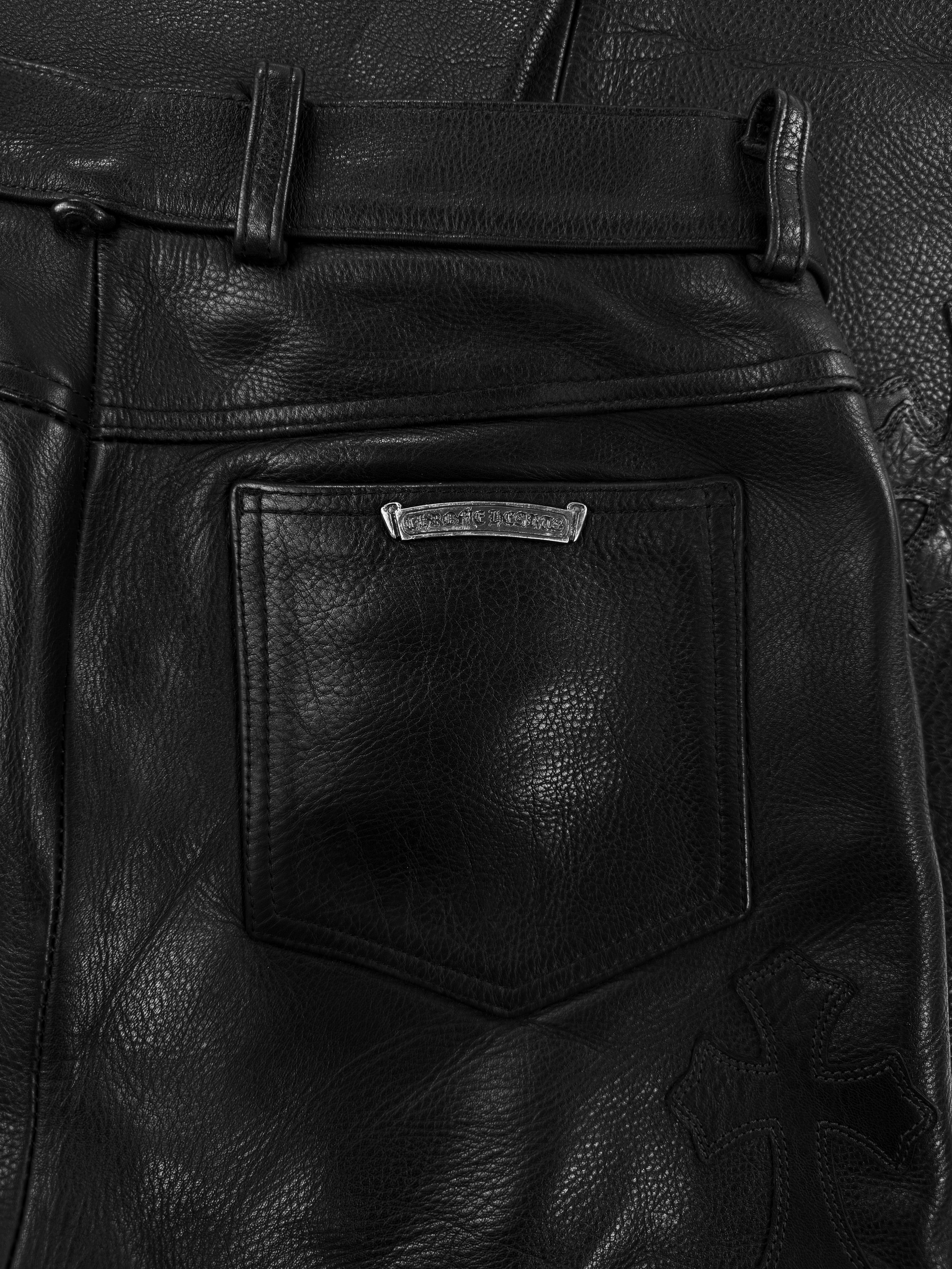 Chrome Hearts ‘Fuck’ Black Leather 19 Cross Patch Pants