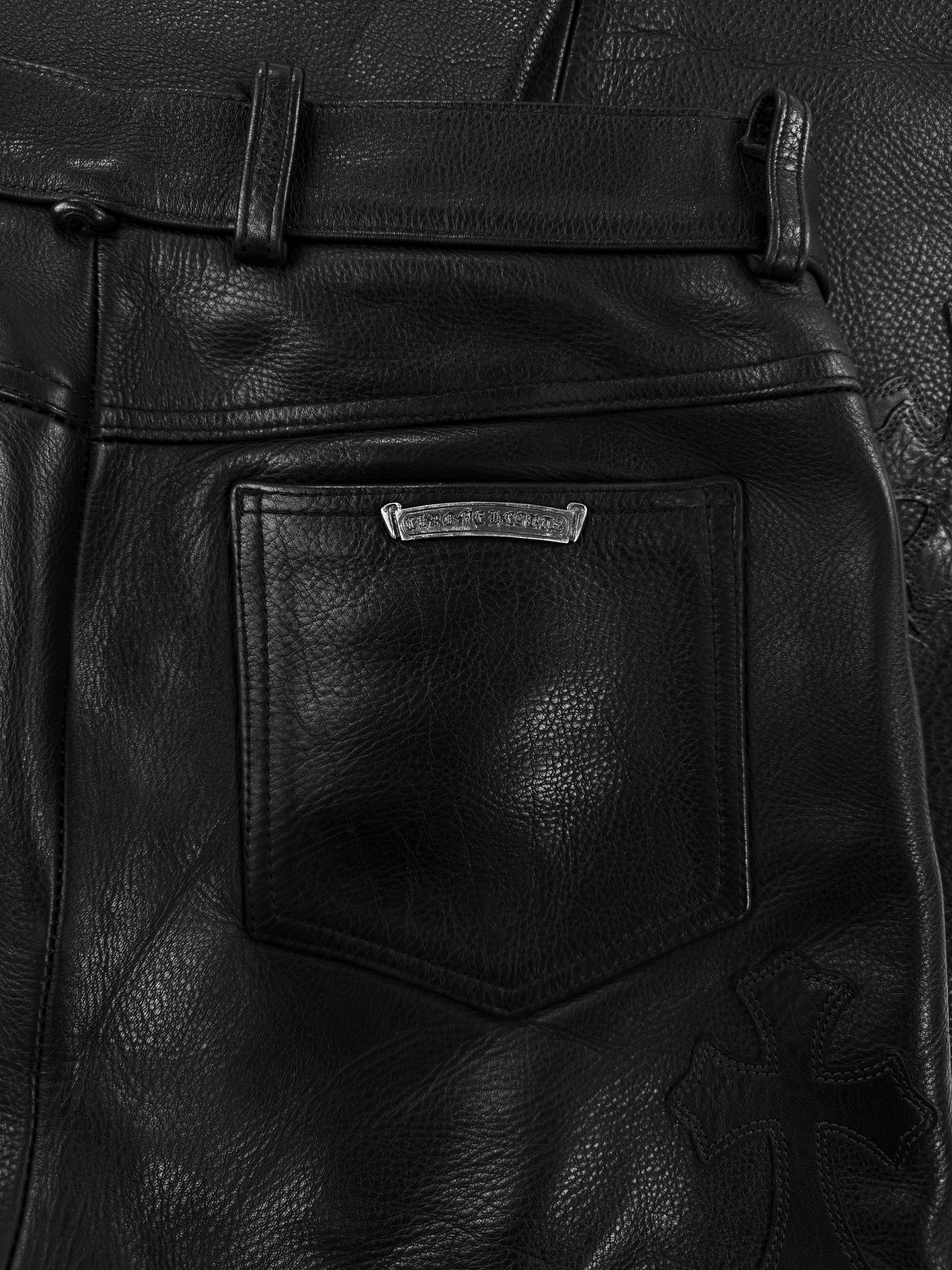 Chrome Hearts ‘Fuck’ Black Leather 19 Cross Patch Pants