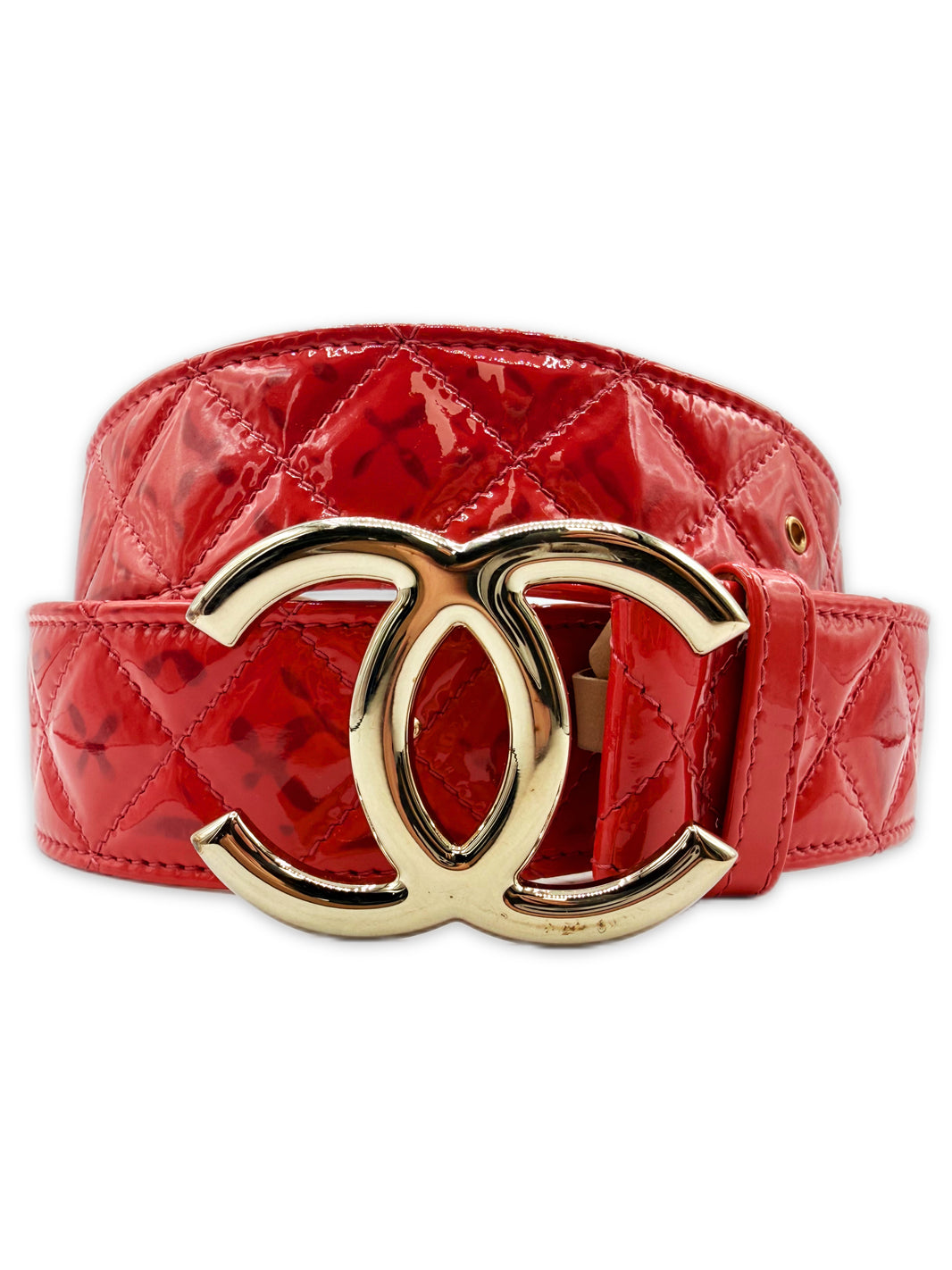 Chanel Patent Red CC Buckle Quilted Caviar Leather Belt
