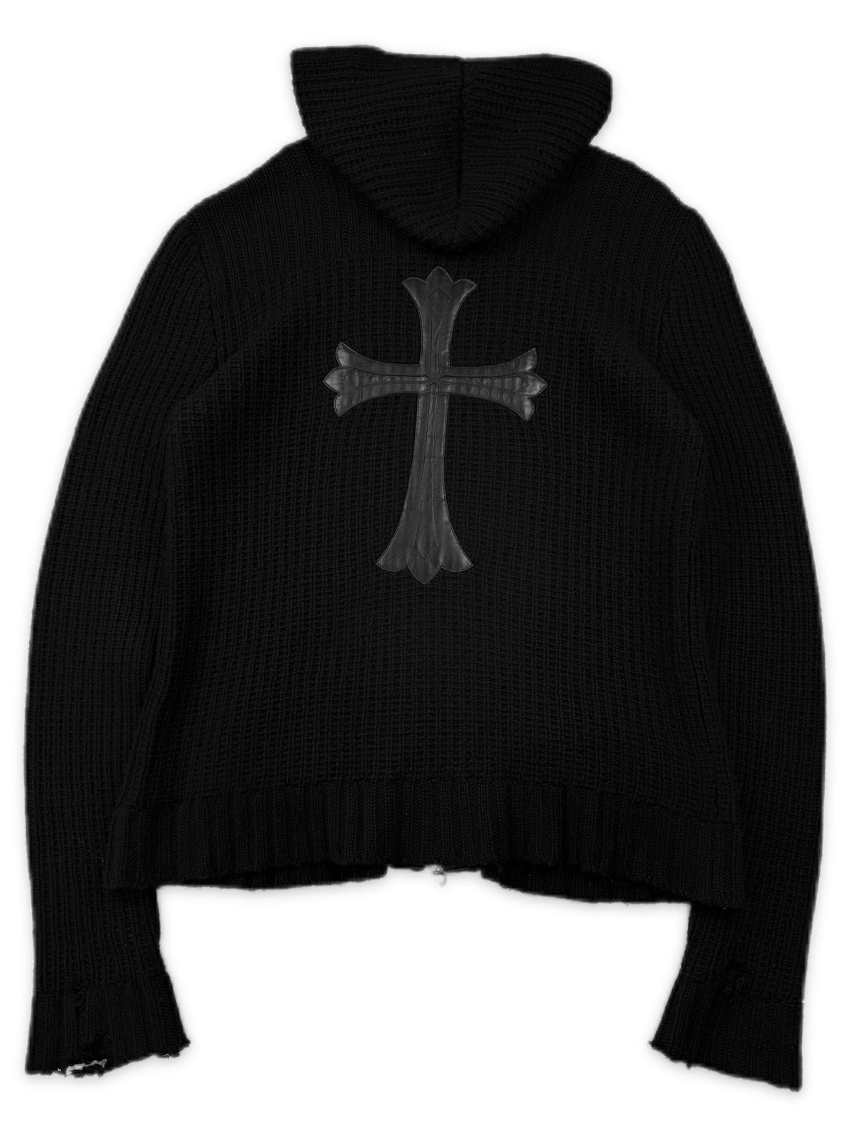 Chrome Hearts XL Leather Cross Patch Cashmere Knit Black Zip Up Hoodie