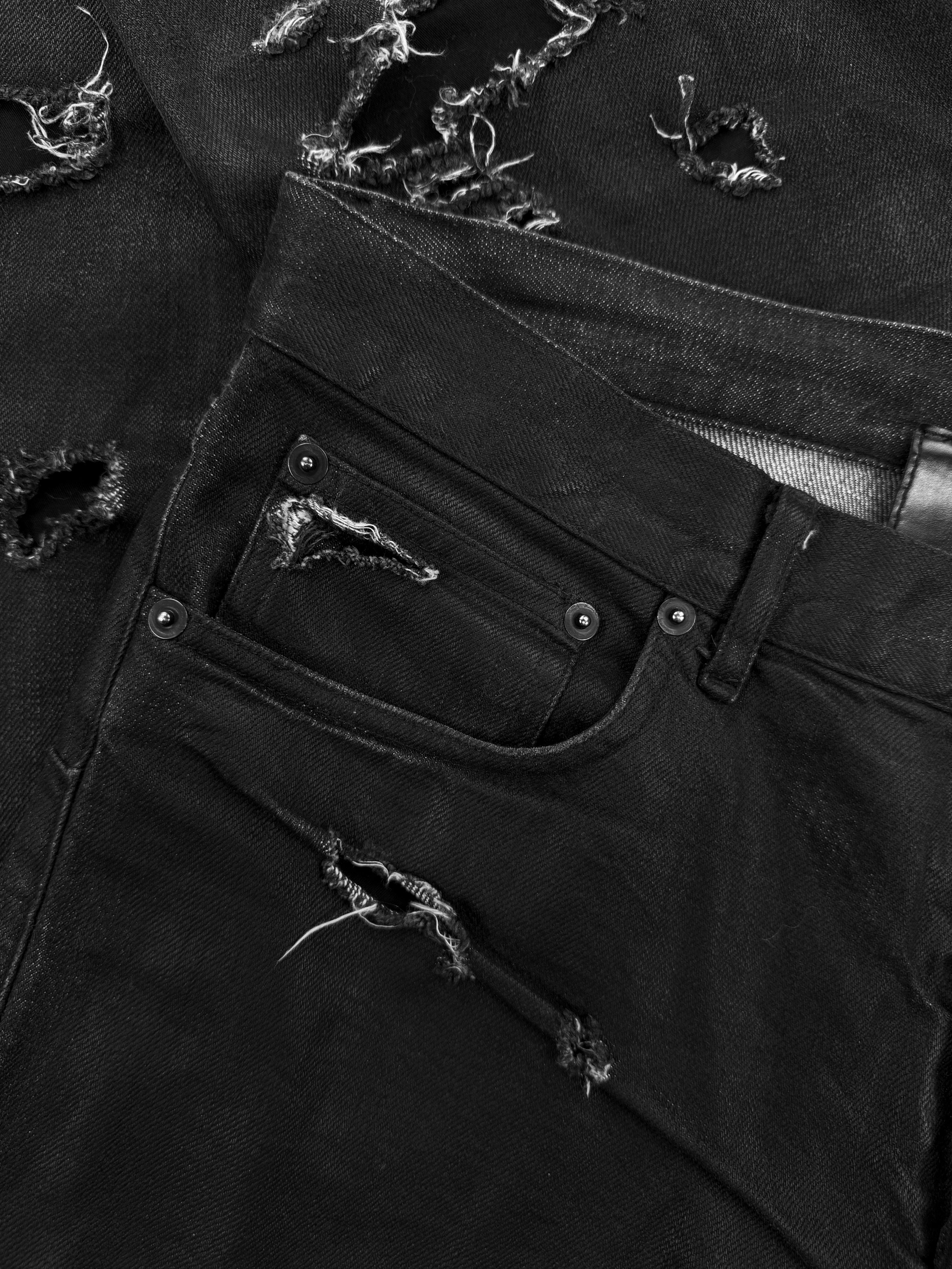 SS04 Dior Homme ‘Strip’ Unaltered Black Distressed Wax Denim Jeans