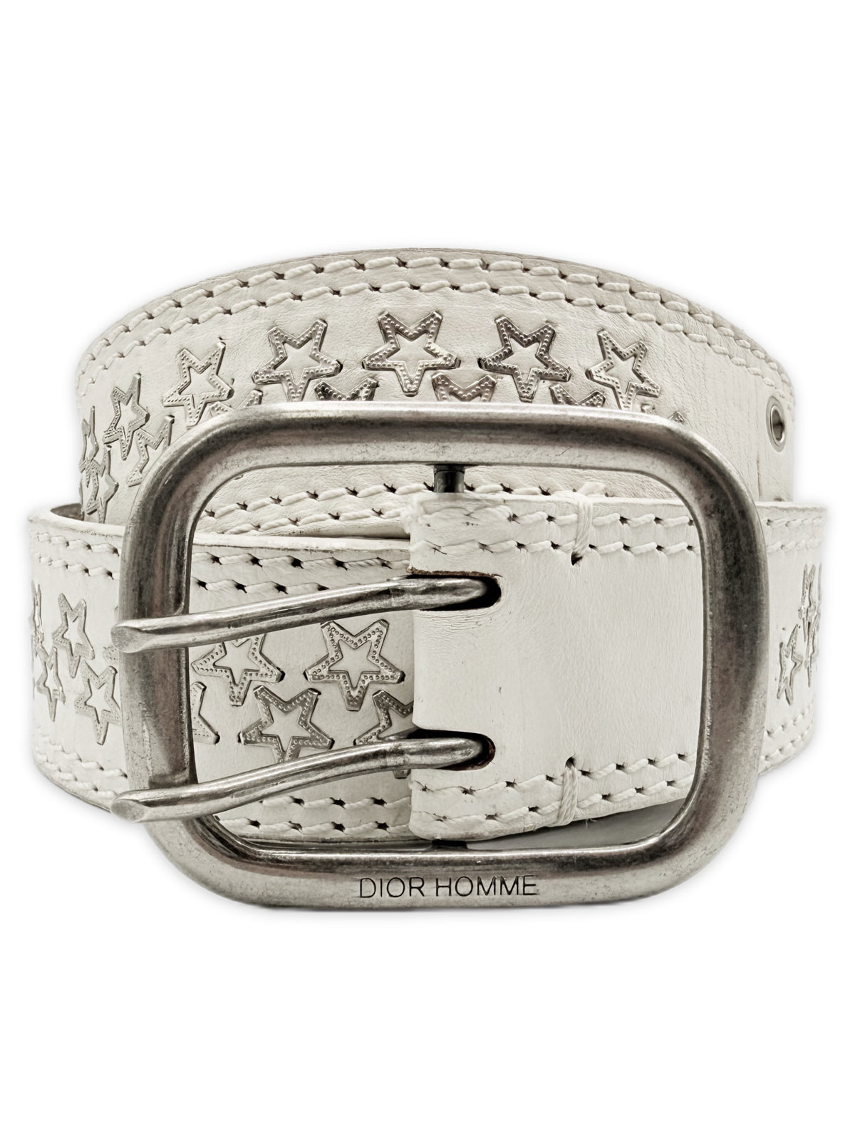 SS06 Dior Homme Star Double Prong White Leather Belt