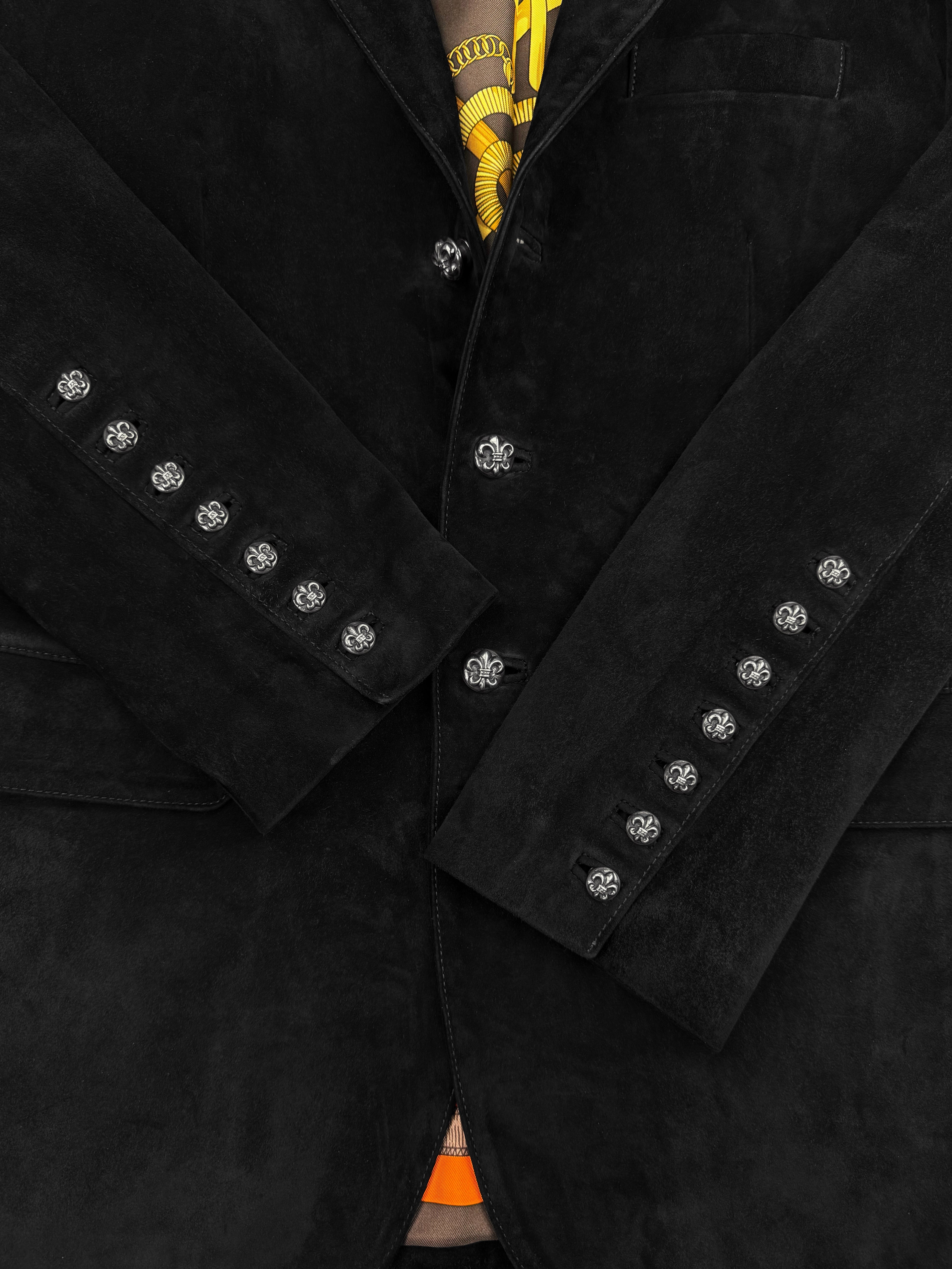 Chrome Hearts Fleur de Lis Silver Patch Hermes Lined Suede Jacket