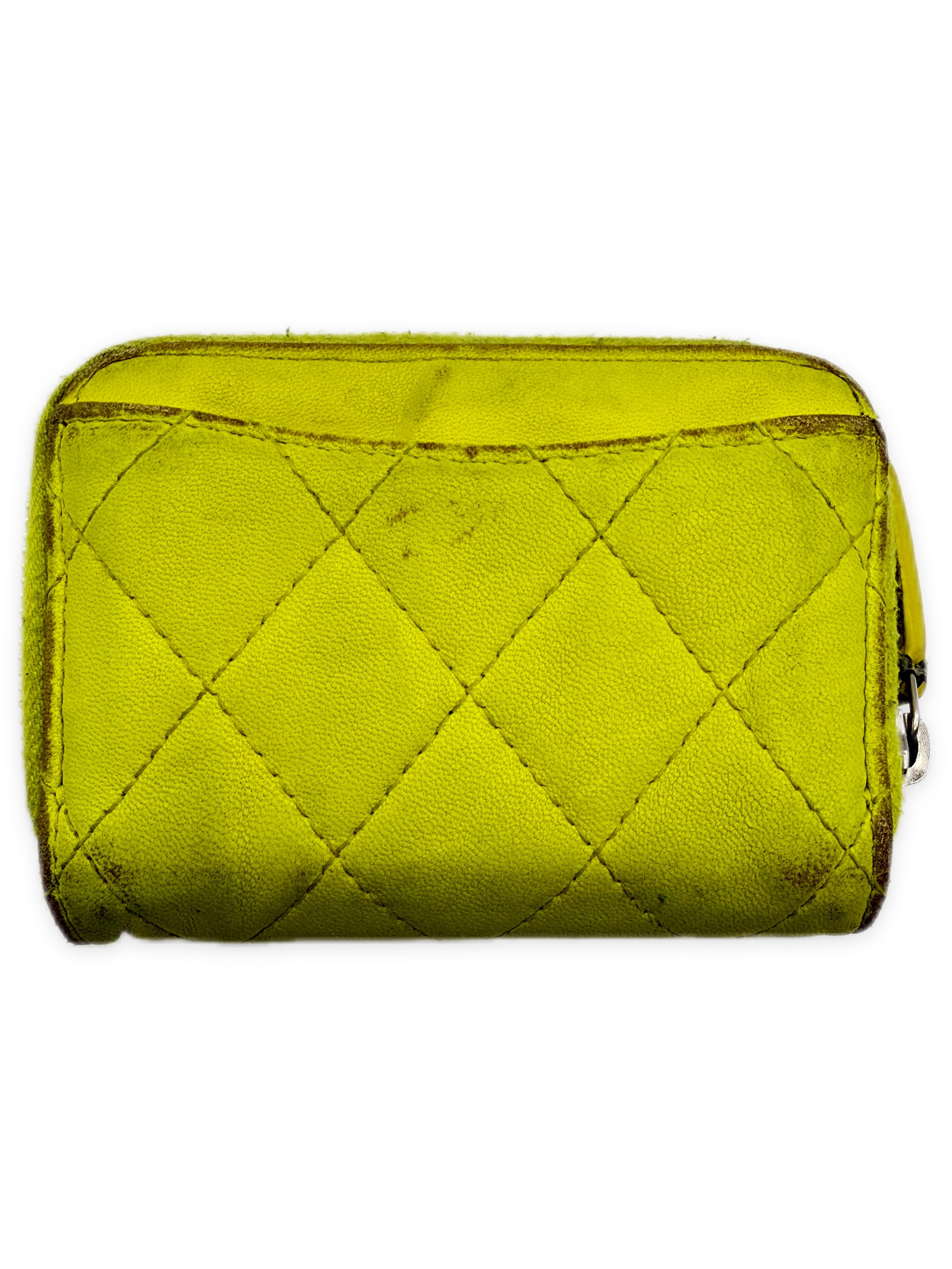 Chanel CC Logo Lime Green Leather Quilted Wallet