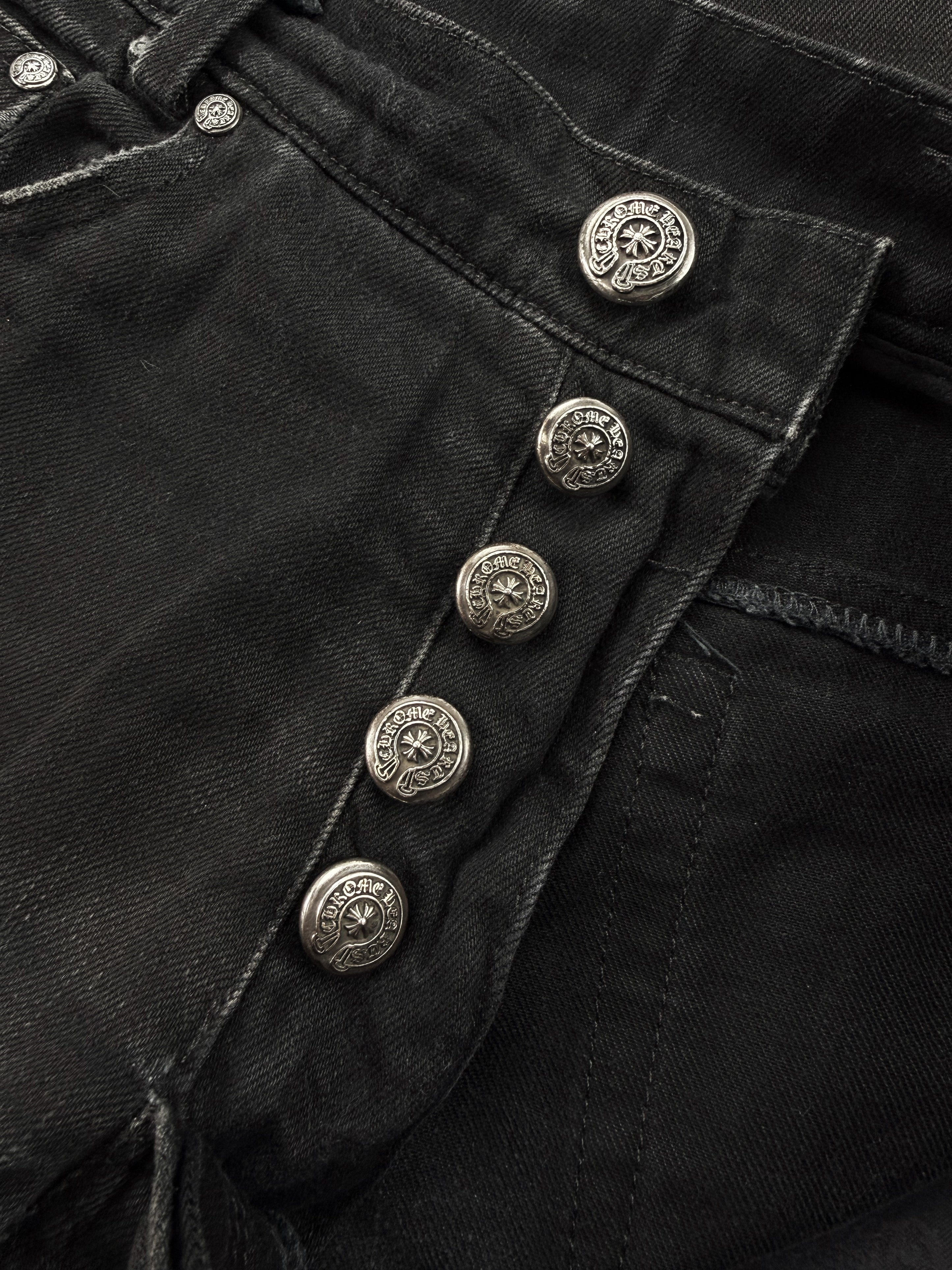 Chrome Hearts Fleur Knee Sun Faded .925 Silver Black Denim Jeans