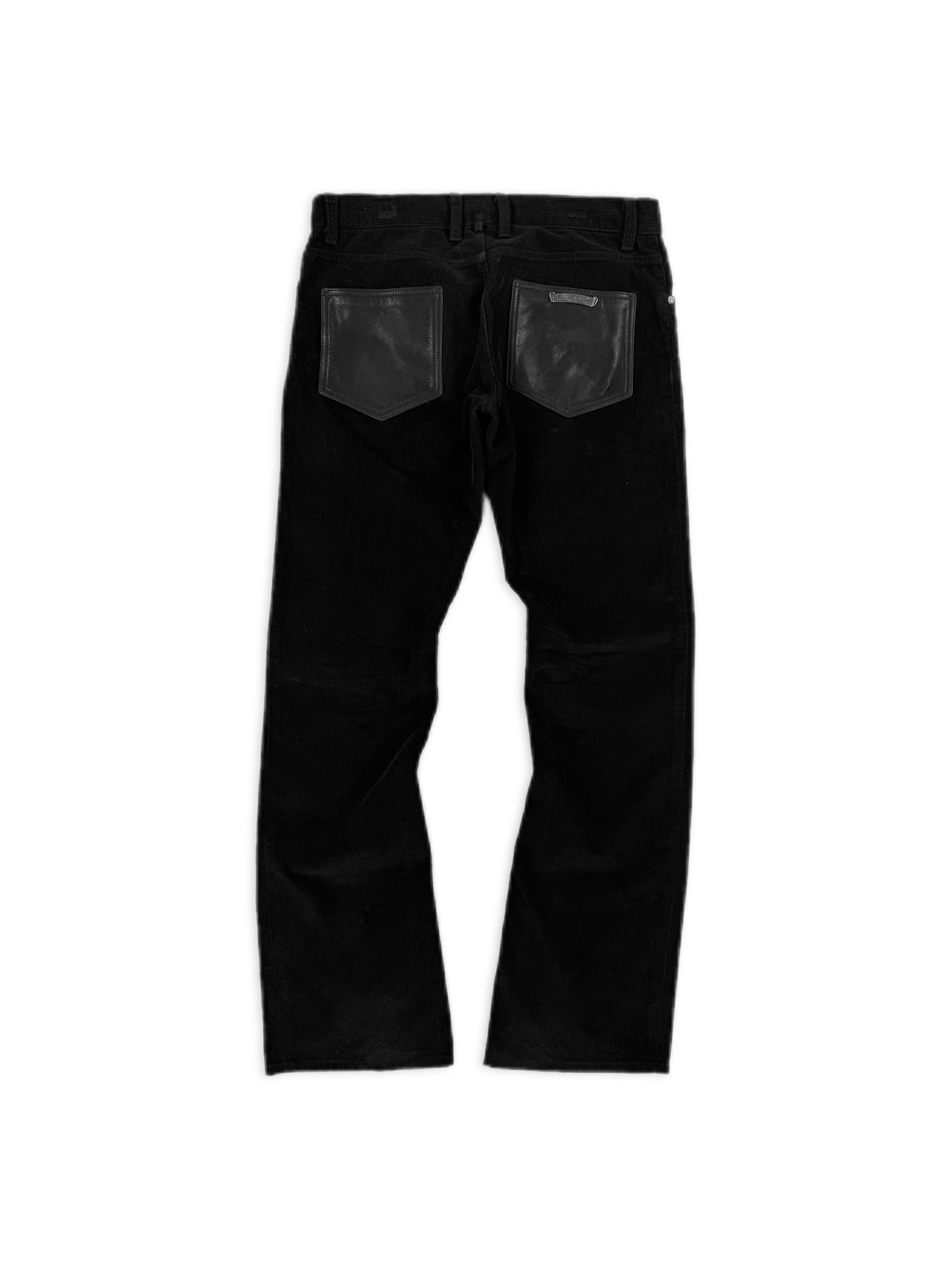 Chrome Hearts Flared Leather Pocket Corduroy Fleur Rivet Black Pants