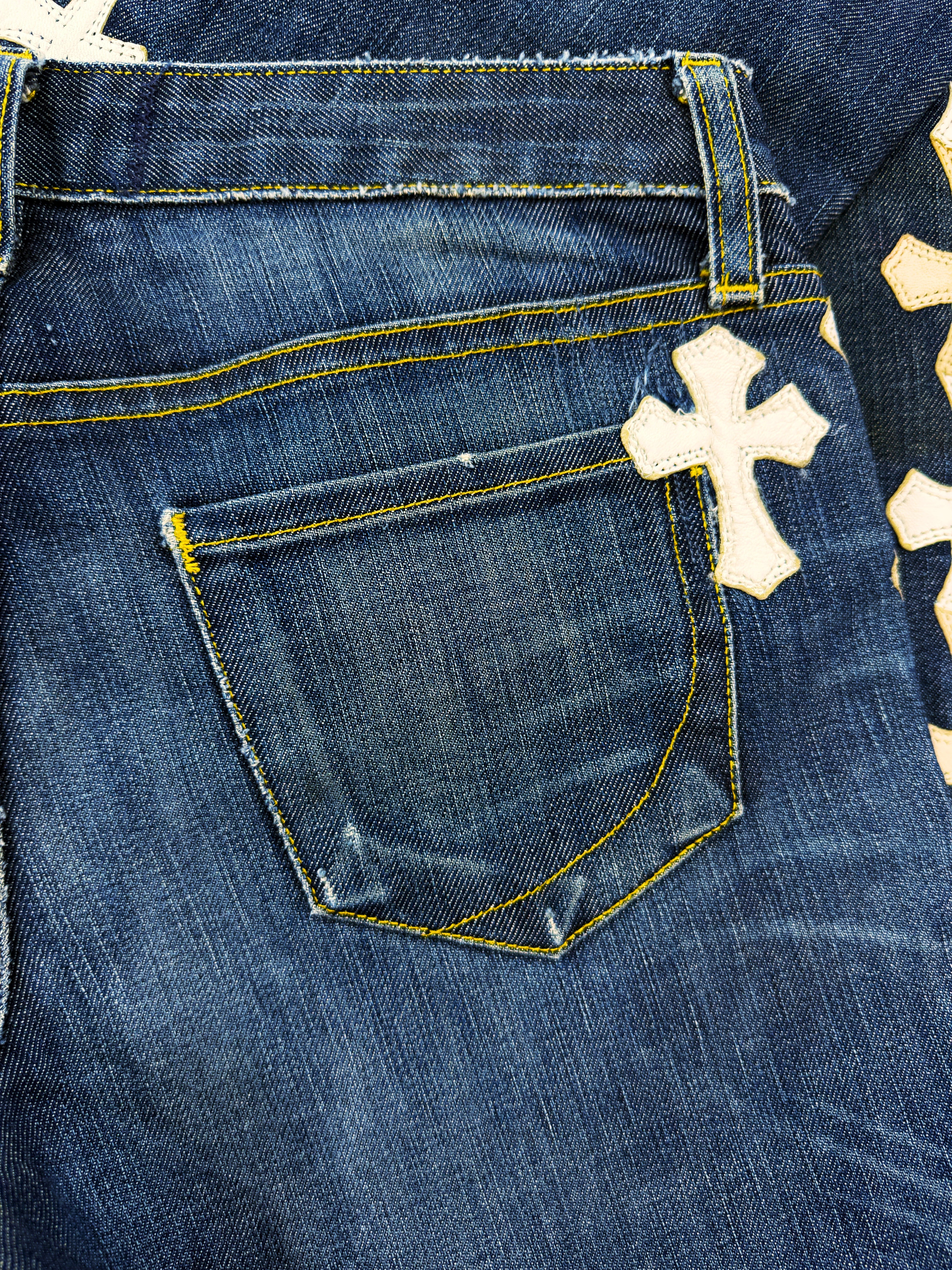 Chrome Hearts 43 Cross Patch Silver Pendant Flooded Blue Denim Jeans
