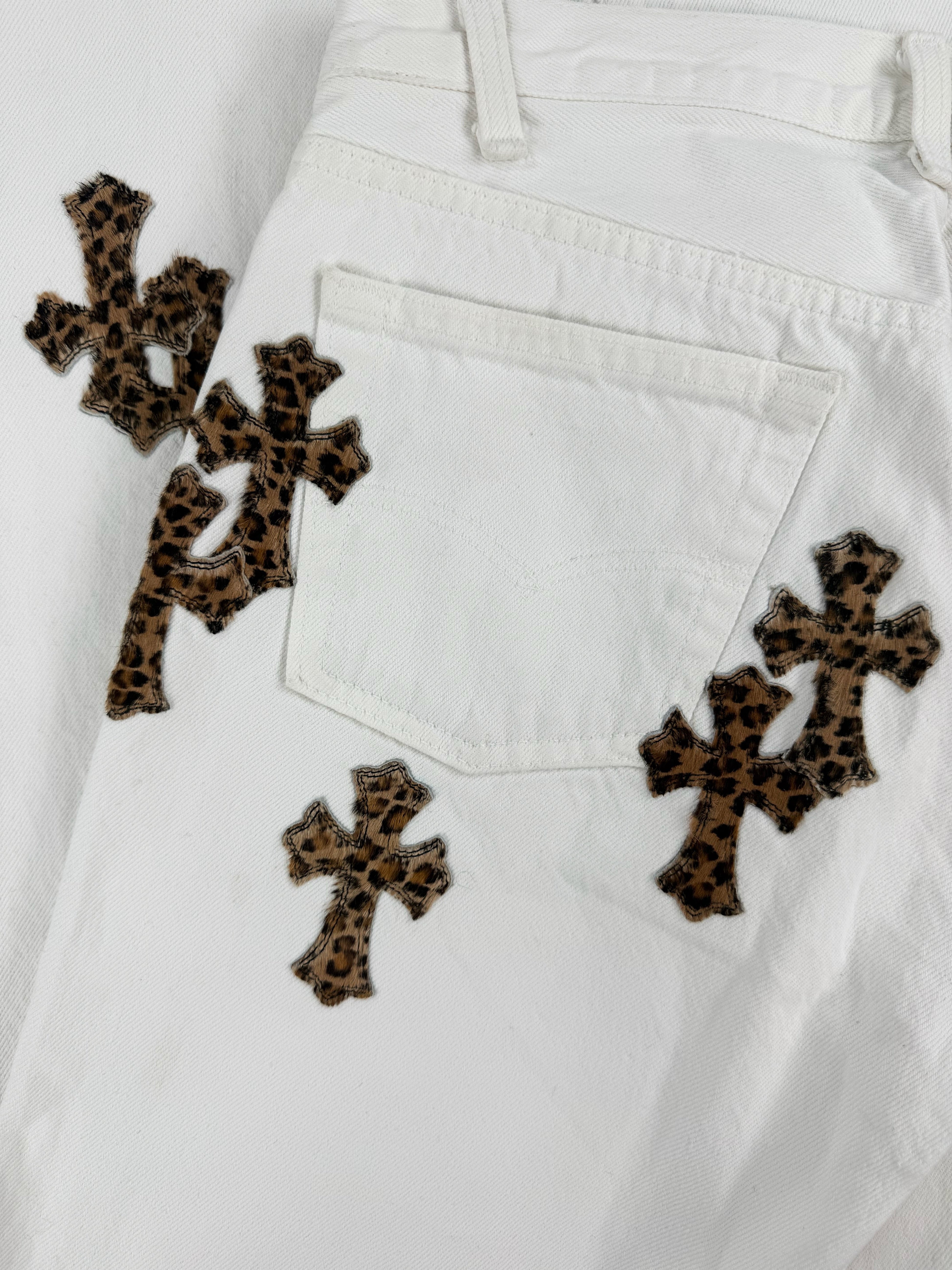 Chrome Hearts Levi’s 501 Cheetah Pony Hair Cross Patch White Denim Jeans